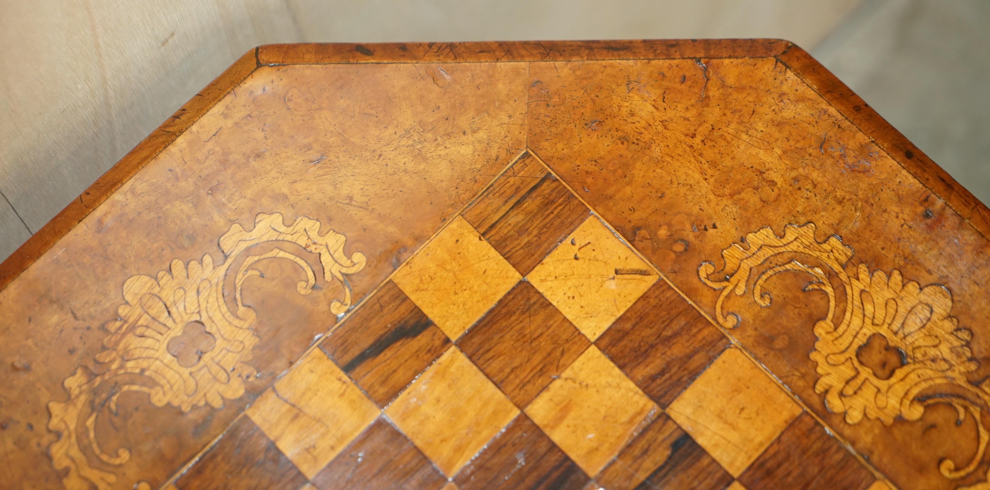Antique Victorian Carved Walnut & Hardwood Marquetry Inlaid Chess Games Table For Sale 7