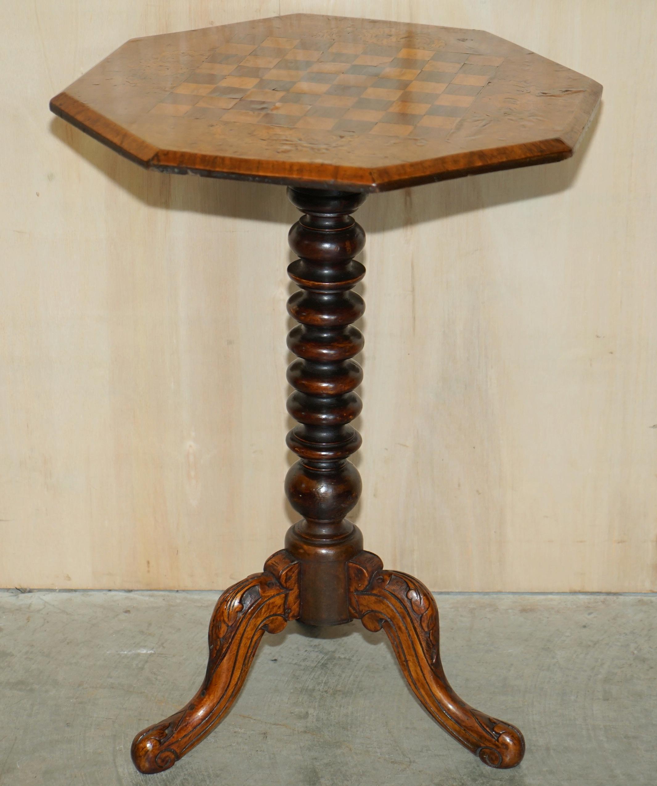 Antique Victorian Carved Walnut & Hardwood Marquetry Inlaid Chess Games Table For Sale 8