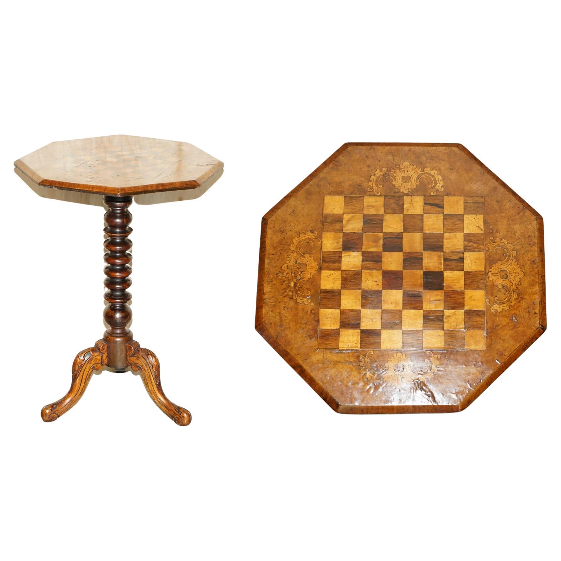 Antique Victorian Carved Walnut & Hardwood Marquetry Inlaid Chess Games Table For Sale