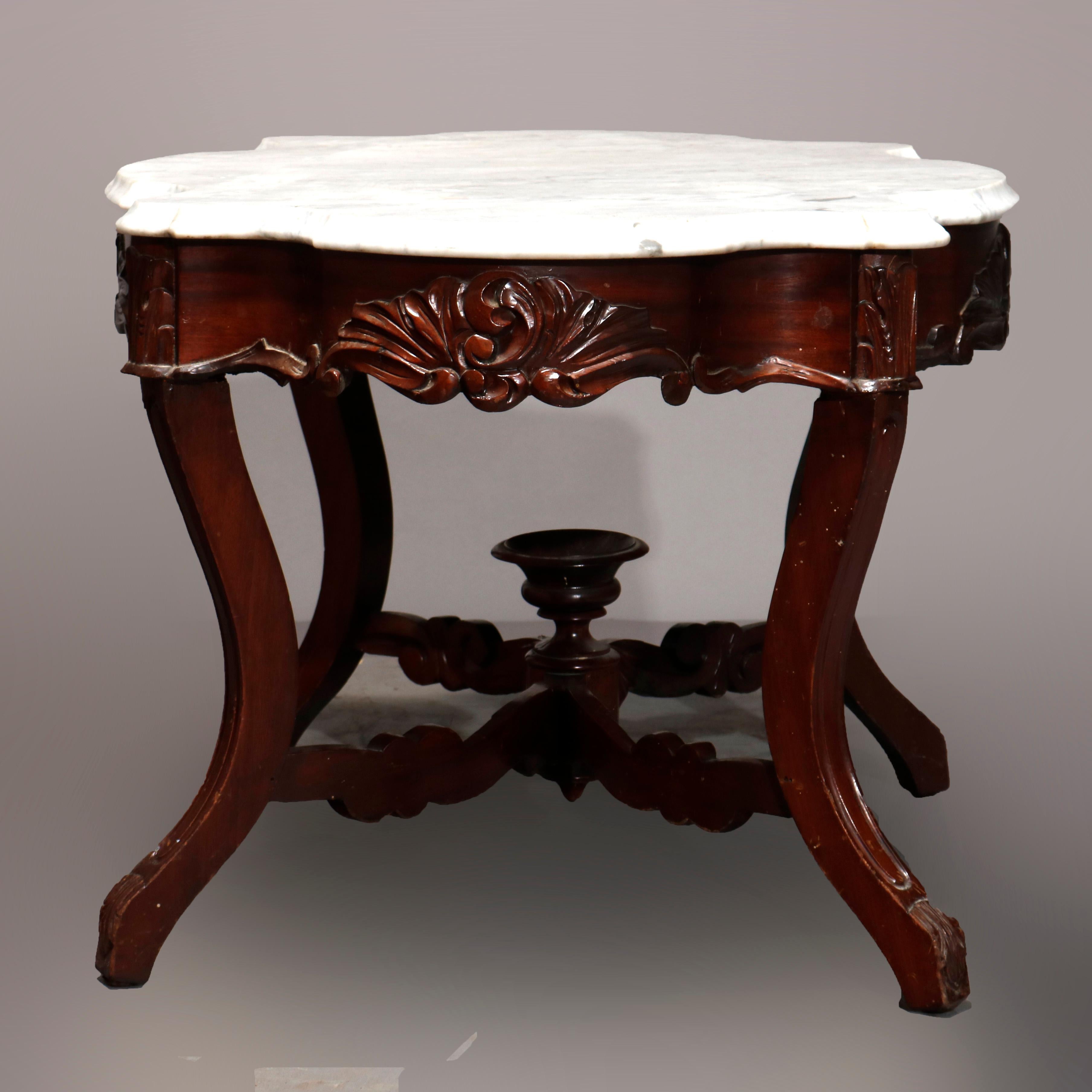 American Antique Victorian Carved Walnut and Marble Low Coffee Table, circa 1890