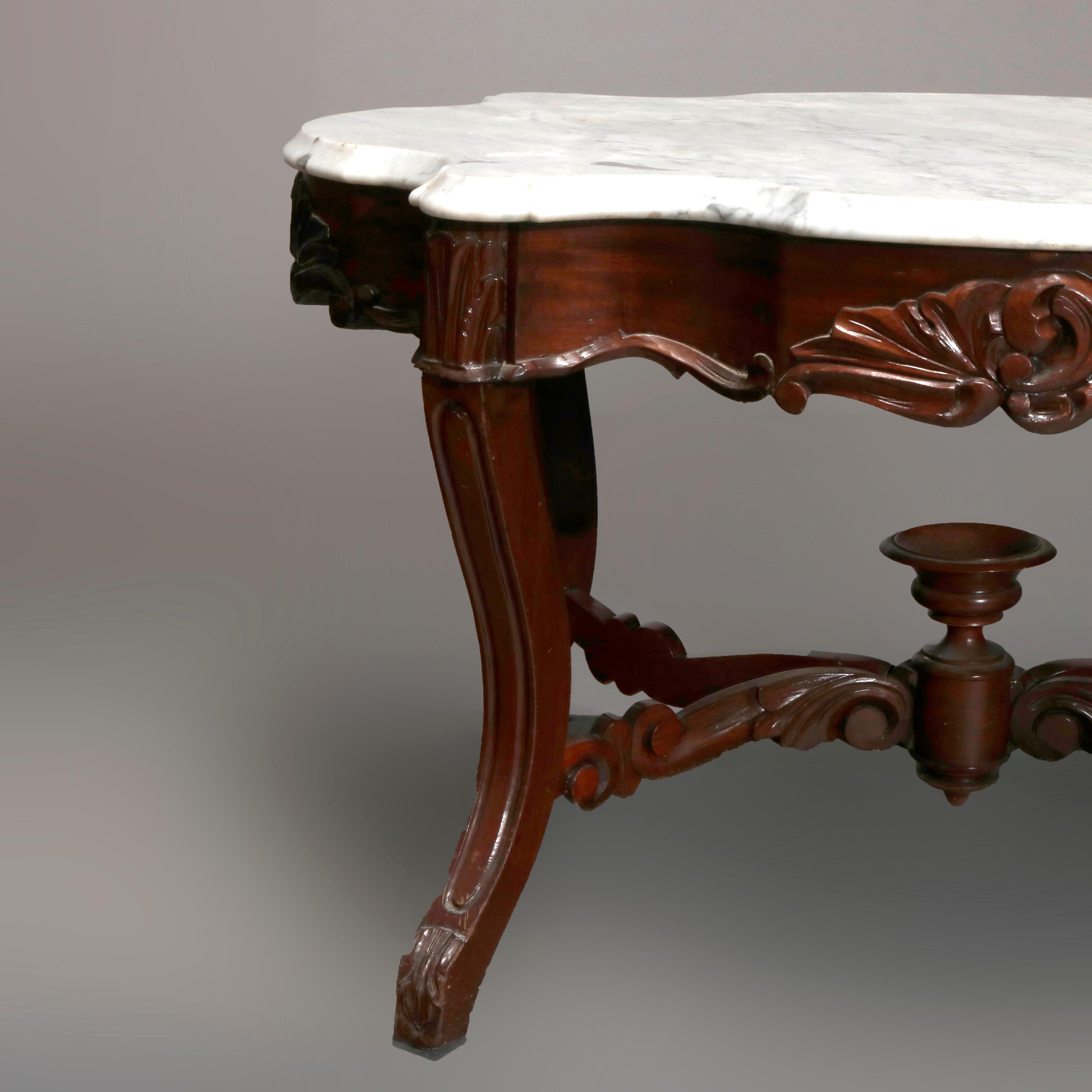 Beveled Antique Victorian Carved Walnut and Marble Low Coffee Table, circa 1890