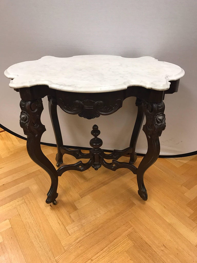 Antique Victorian Carved Walnut Marble-Top Centre Foyer Table For Sale