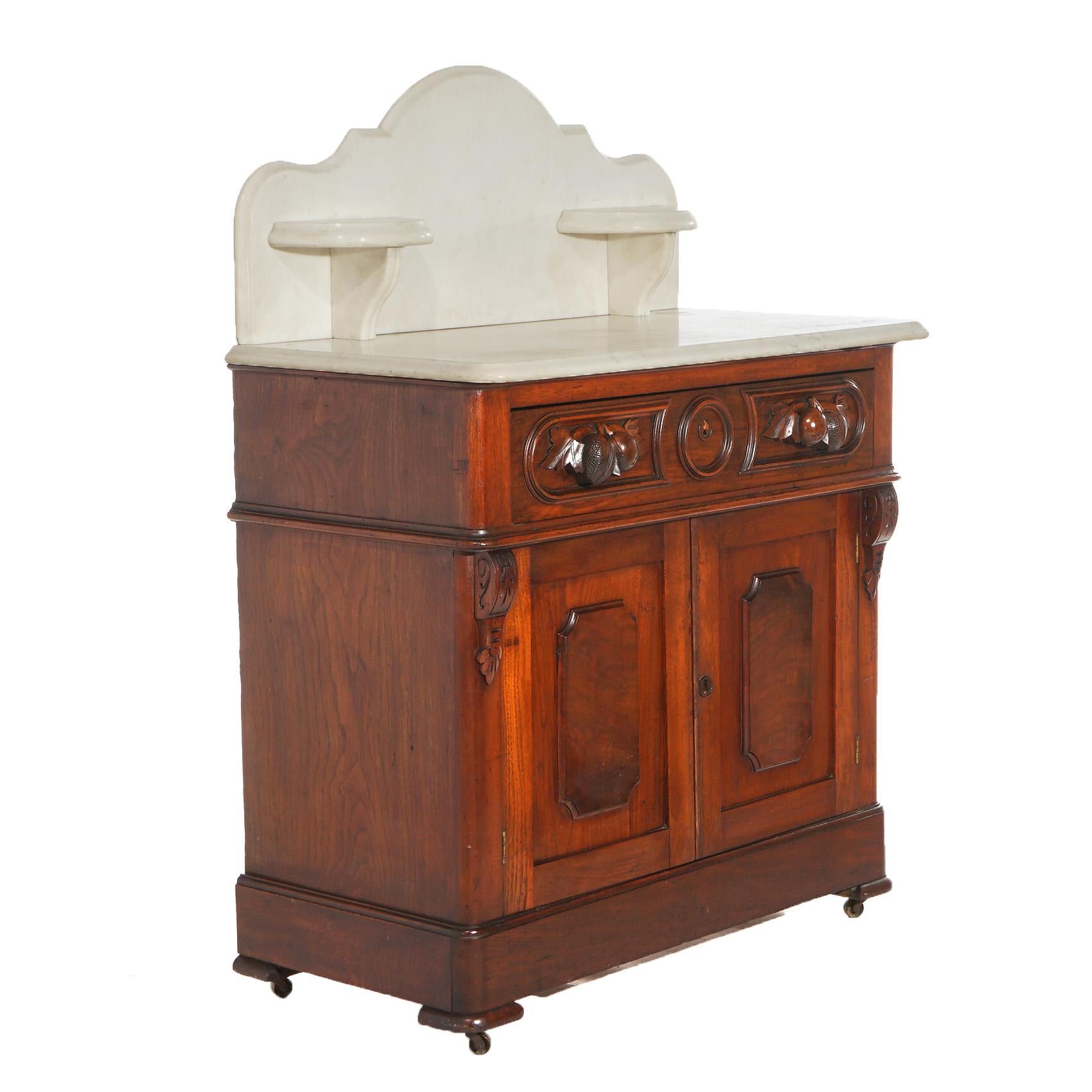 Antique Victorian Carved Walnut Marble Top Commode Wash Stand C1890 9
