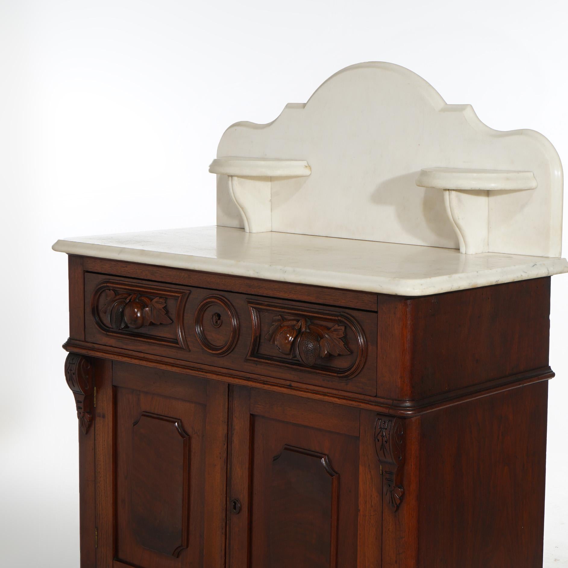 19th Century Antique Victorian Carved Walnut Marble Top Commode Wash Stand C1890