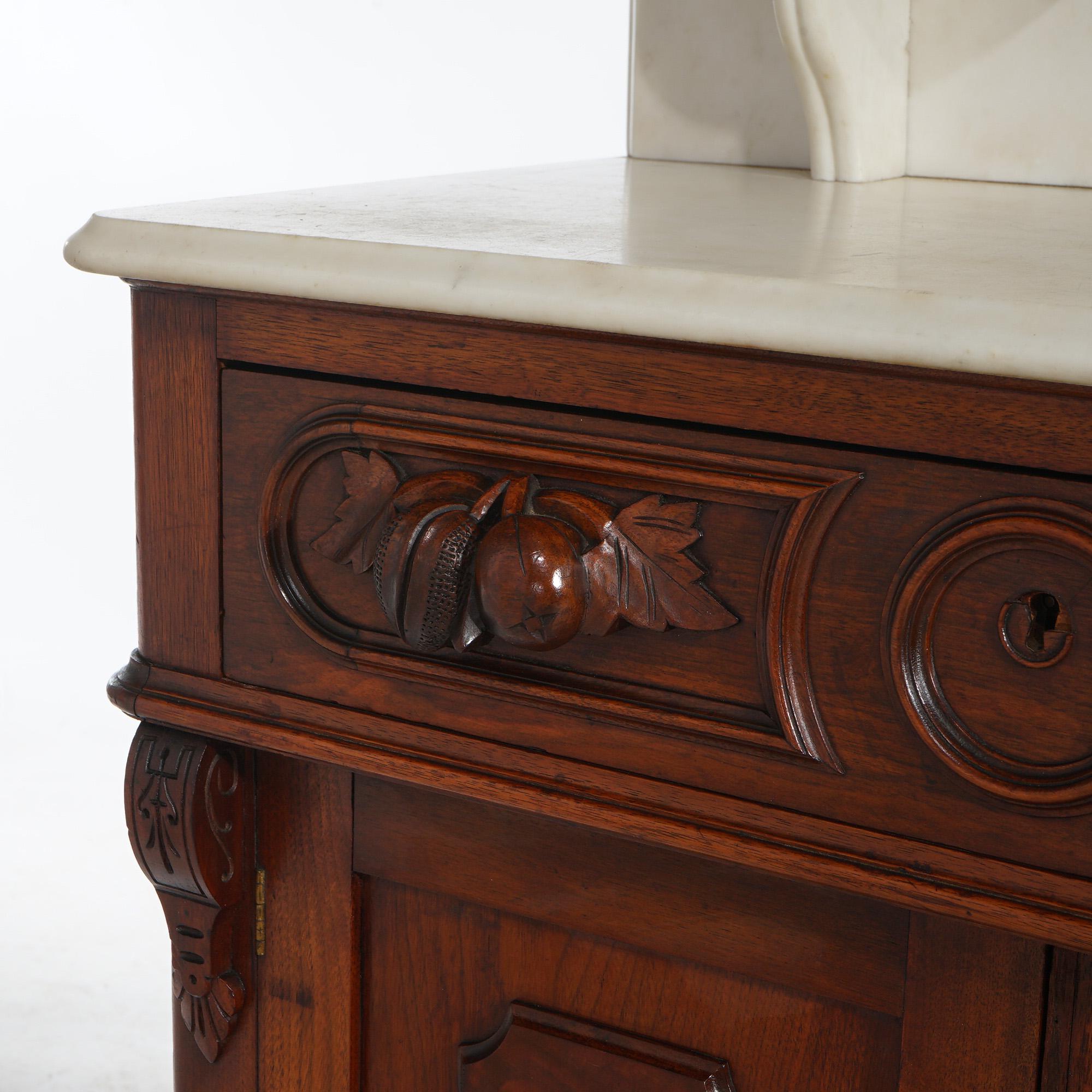Antique Victorian Carved Walnut Marble Top Commode Wash Stand C1890 1