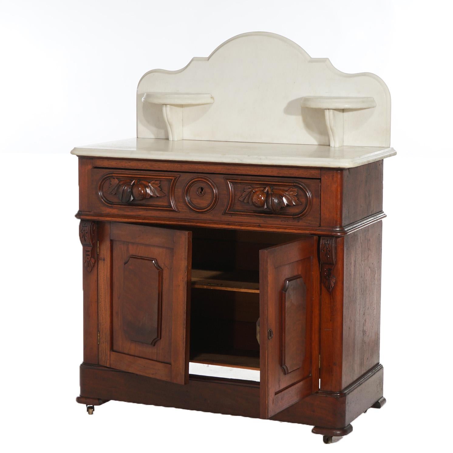 Antique Victorian Carved Walnut Marble Top Commode Wash Stand C1890 2