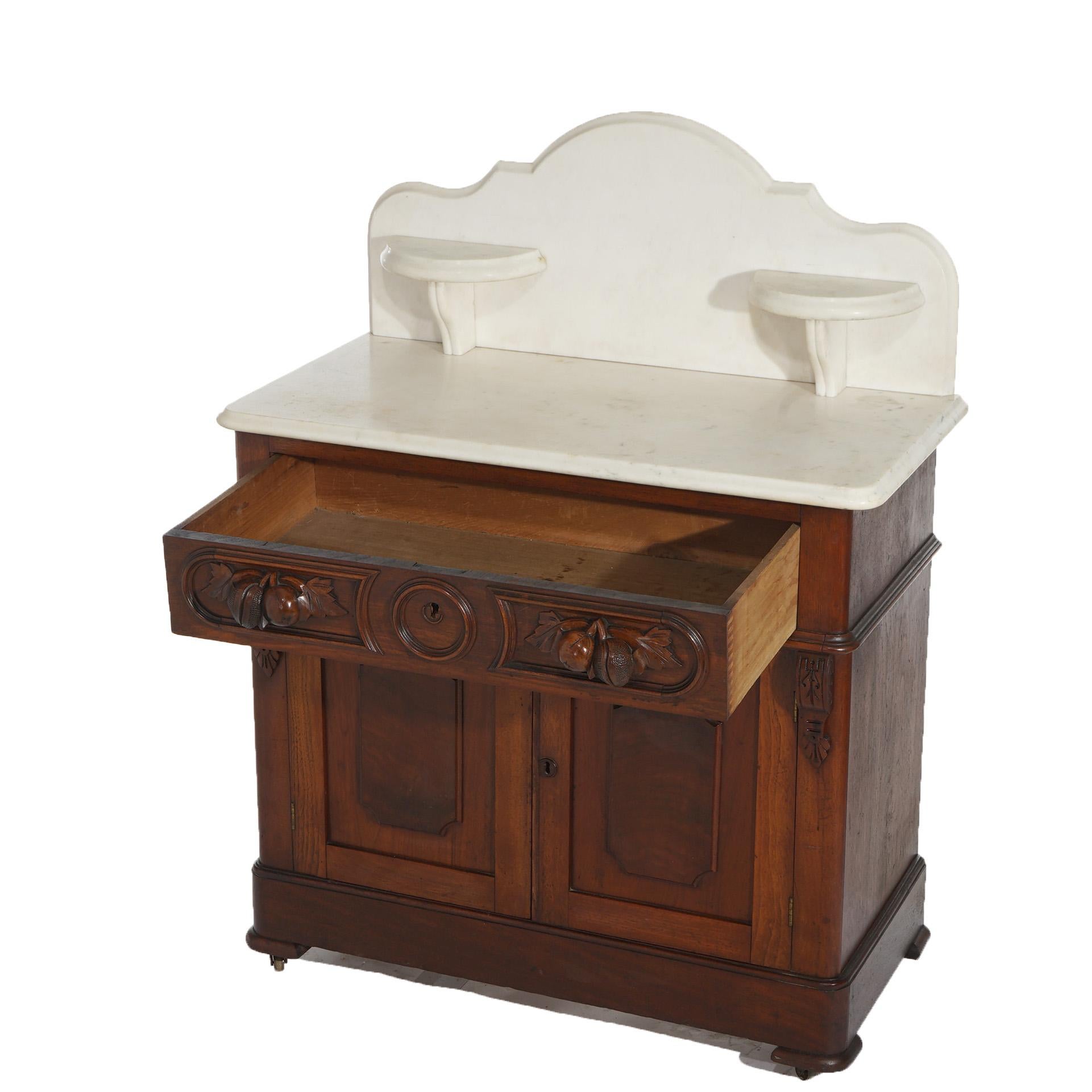 Antique Victorian Carved Walnut Marble Top Commode Wash Stand C1890 4