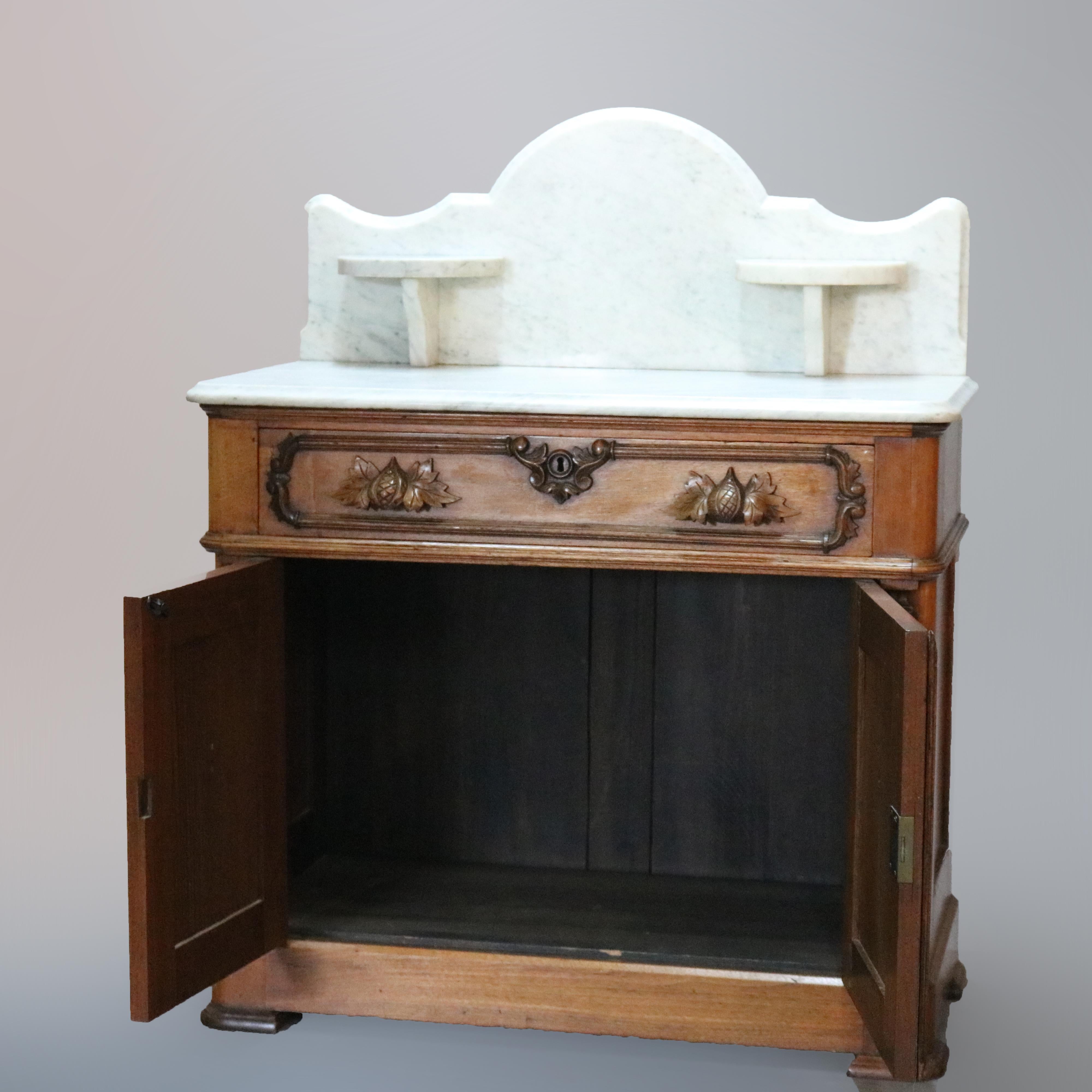Beveled Antique Victorian Carved Walnut Marble-Top Commode with Candle Stands