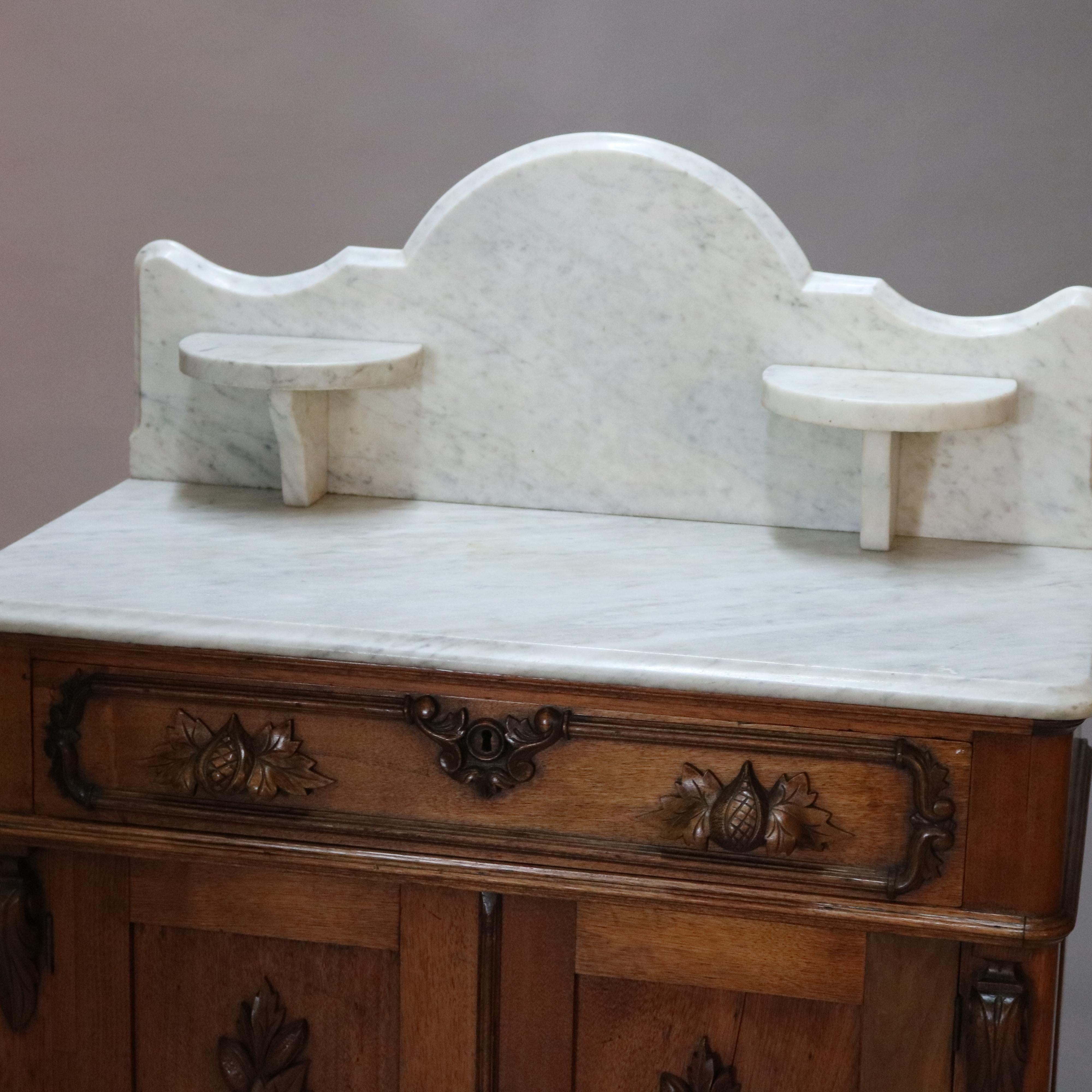 Antique Victorian Carved Walnut Marble-Top Commode with Candle Stands In Good Condition In Big Flats, NY