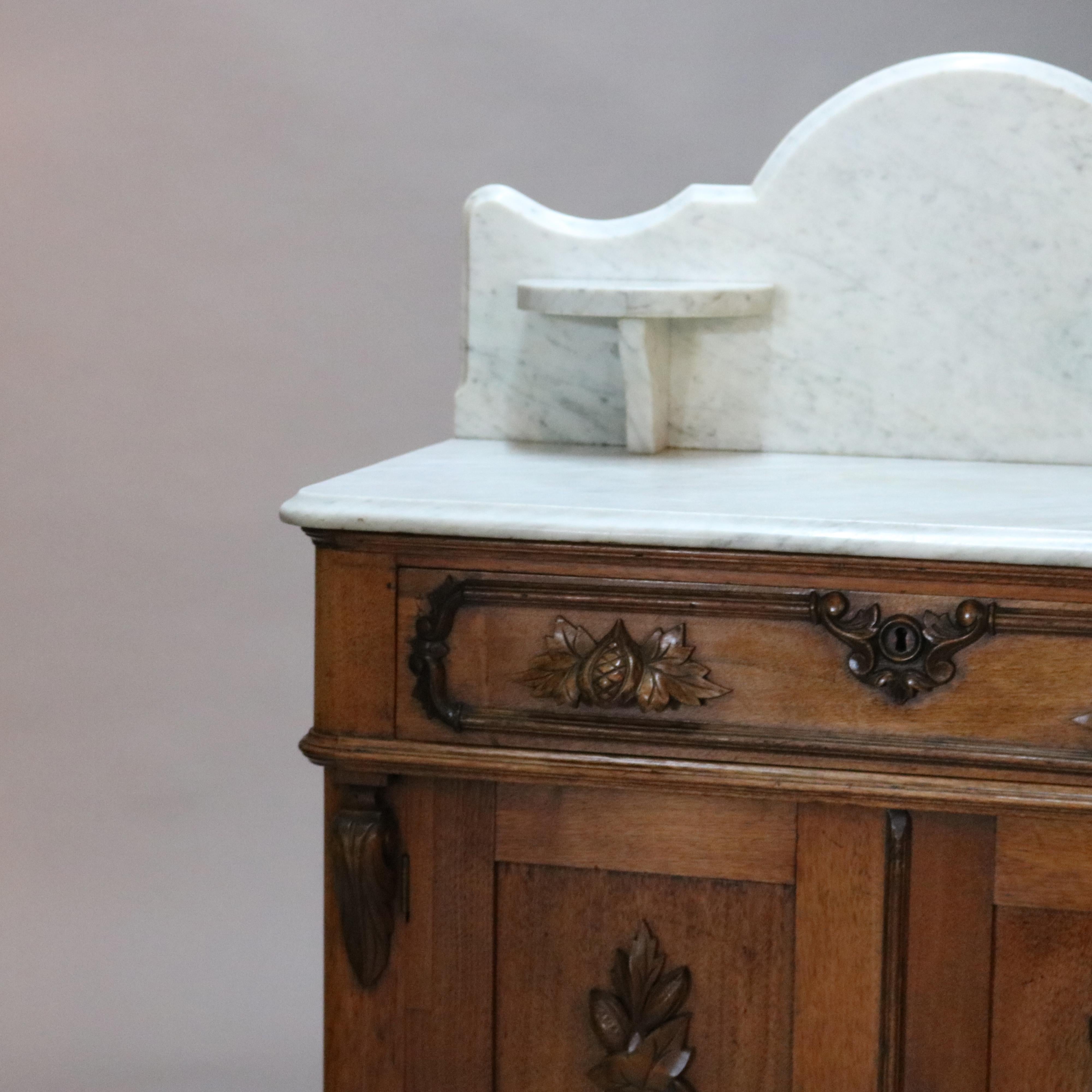 19th Century Antique Victorian Carved Walnut Marble-Top Commode with Candle Stands