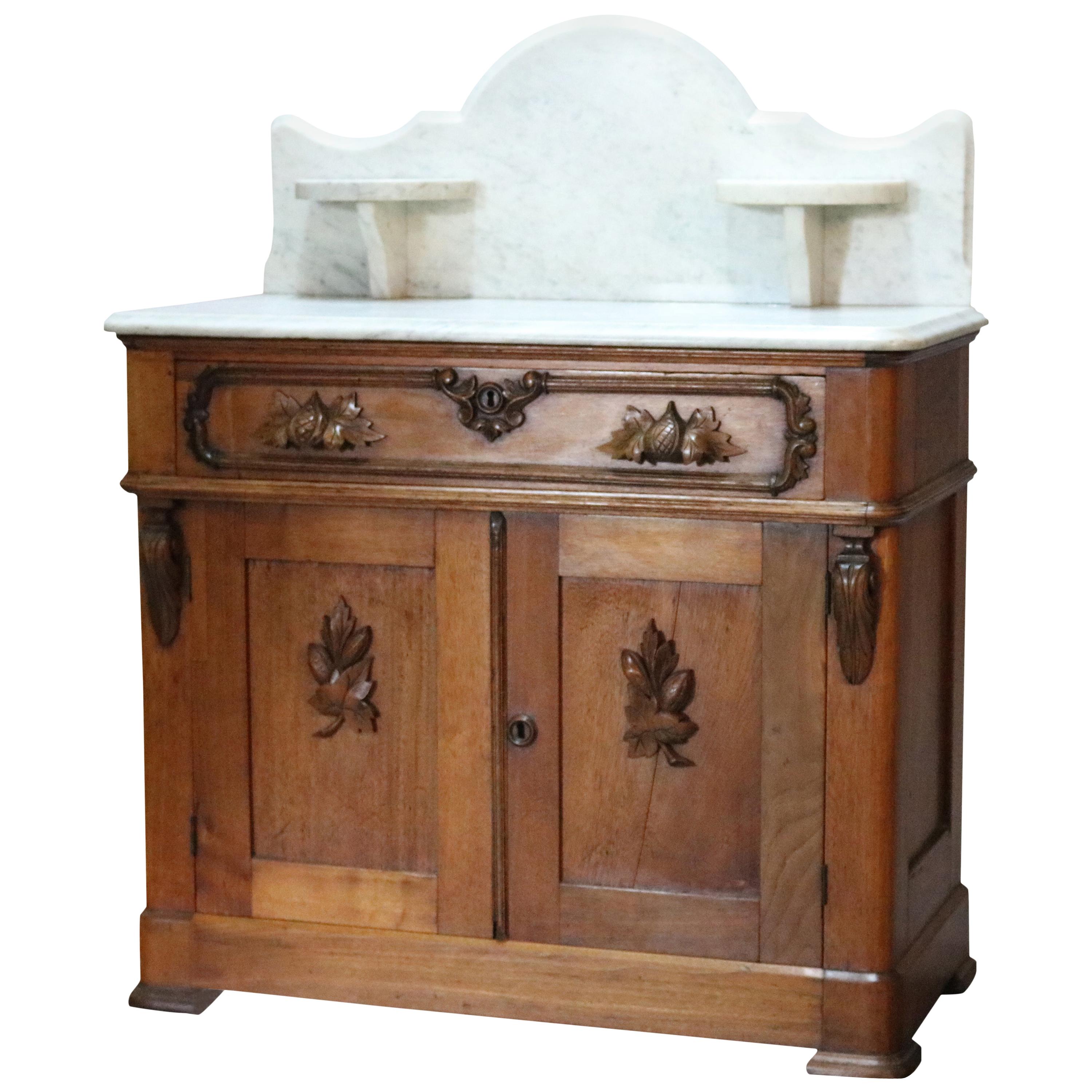 Antique Victorian Carved Walnut Marble-Top Commode with Candle Stands