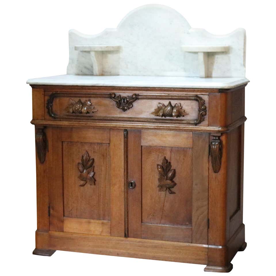 Antique Victorian Carved Walnut Marble-Top Commode with Candle Stands ...