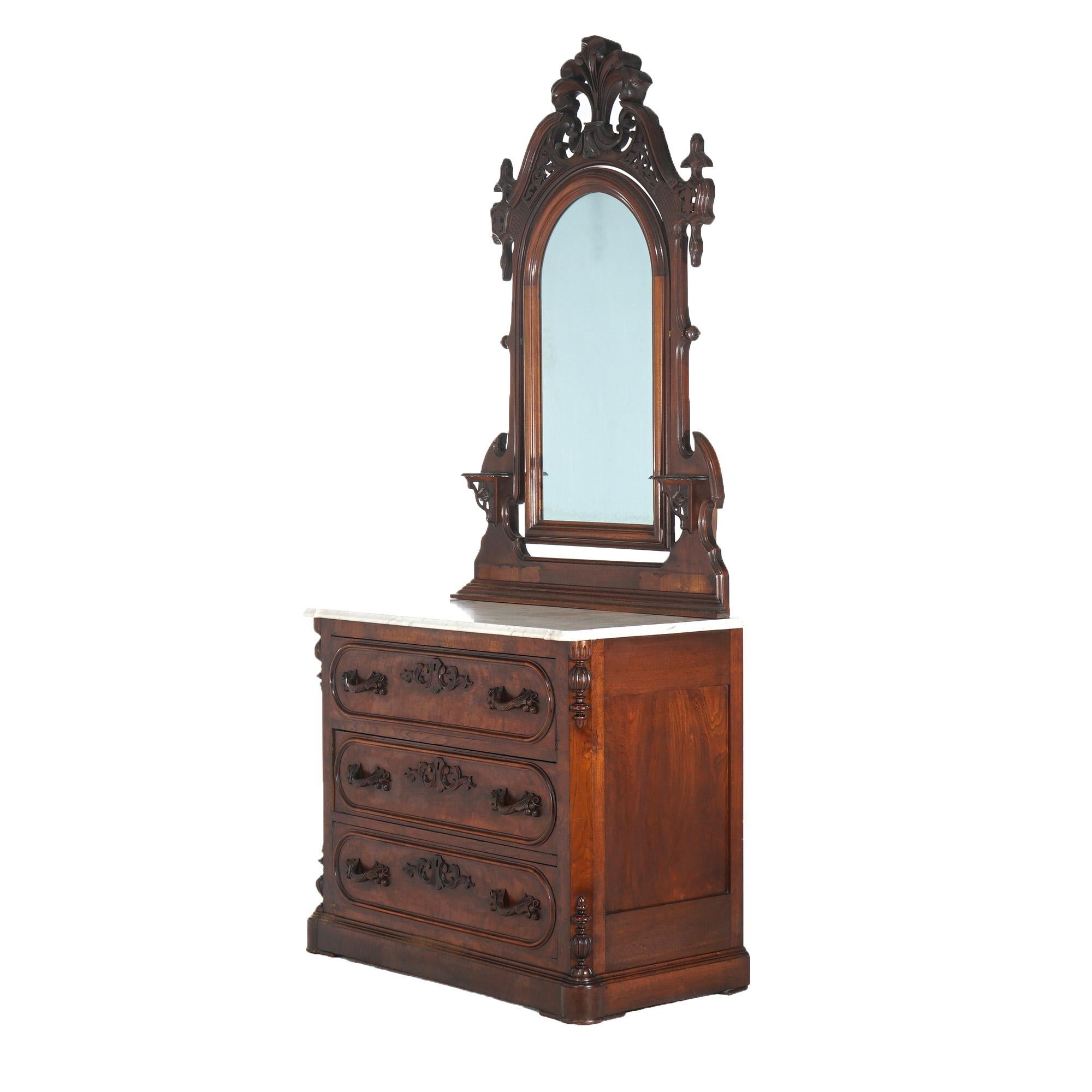 Antique Victorian Carved Walnut Marble Top Dresser with Mirror C1880 For Sale 7