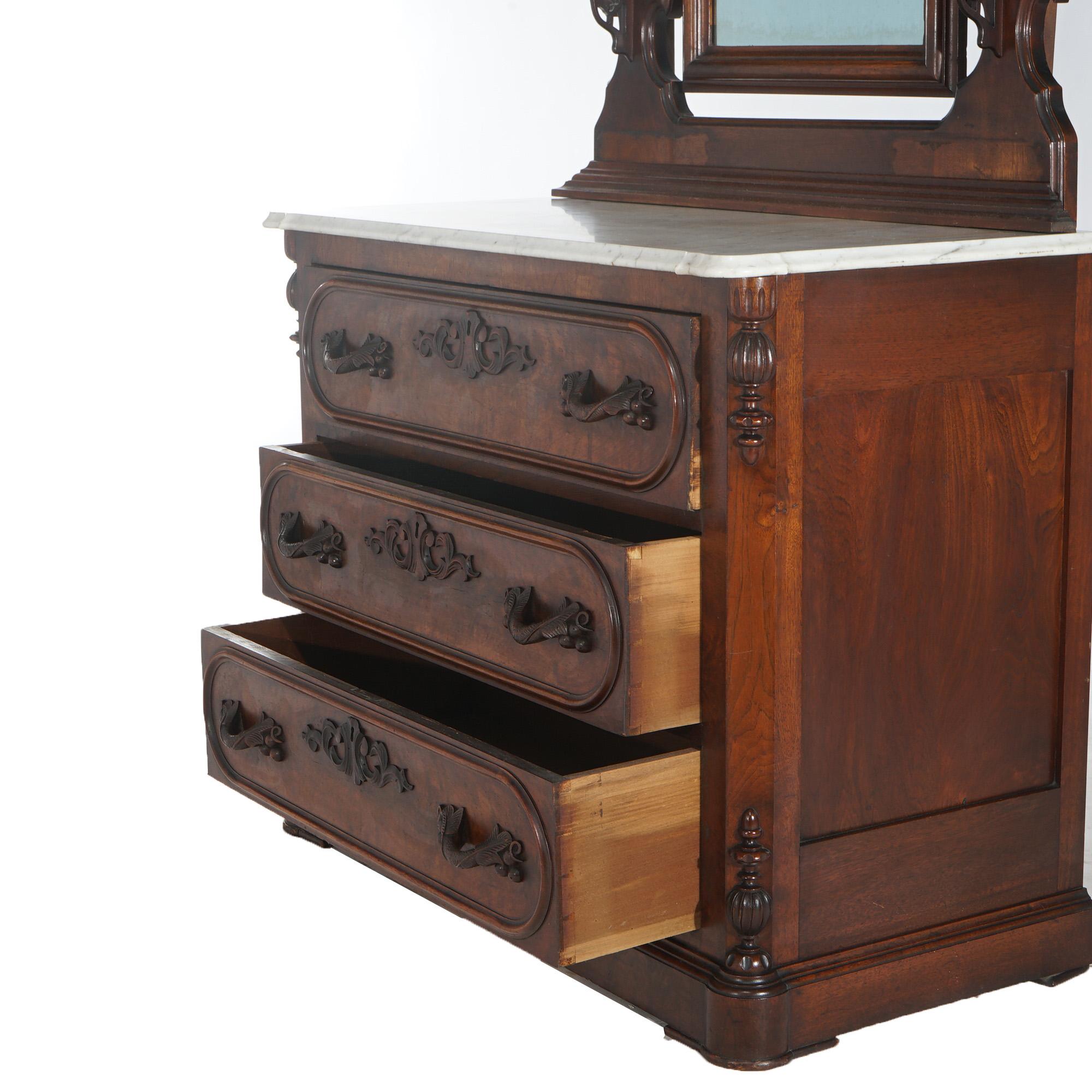 Antique Victorian Carved Walnut Marble Top Dresser with Mirror C1880 For Sale 8