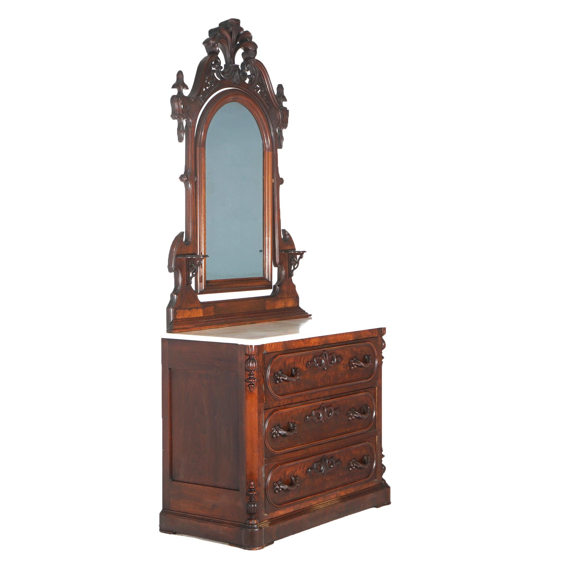Antique Victorian Carved Walnut Marble Top Dresser with Mirror C1880 For Sale 12
