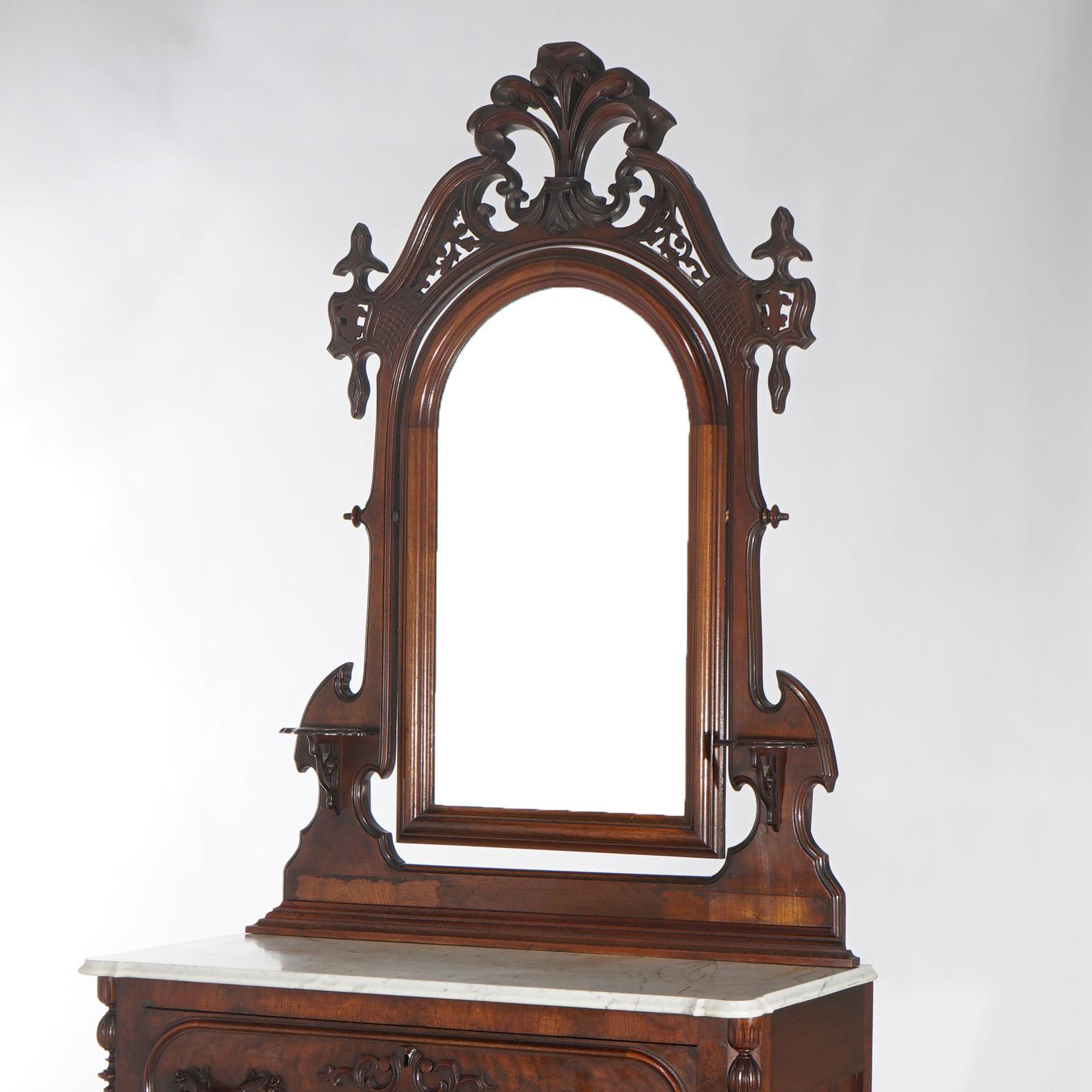 Antique Victorian Carved Walnut Marble Top Dresser with Mirror C1880 In Good Condition For Sale In Big Flats, NY