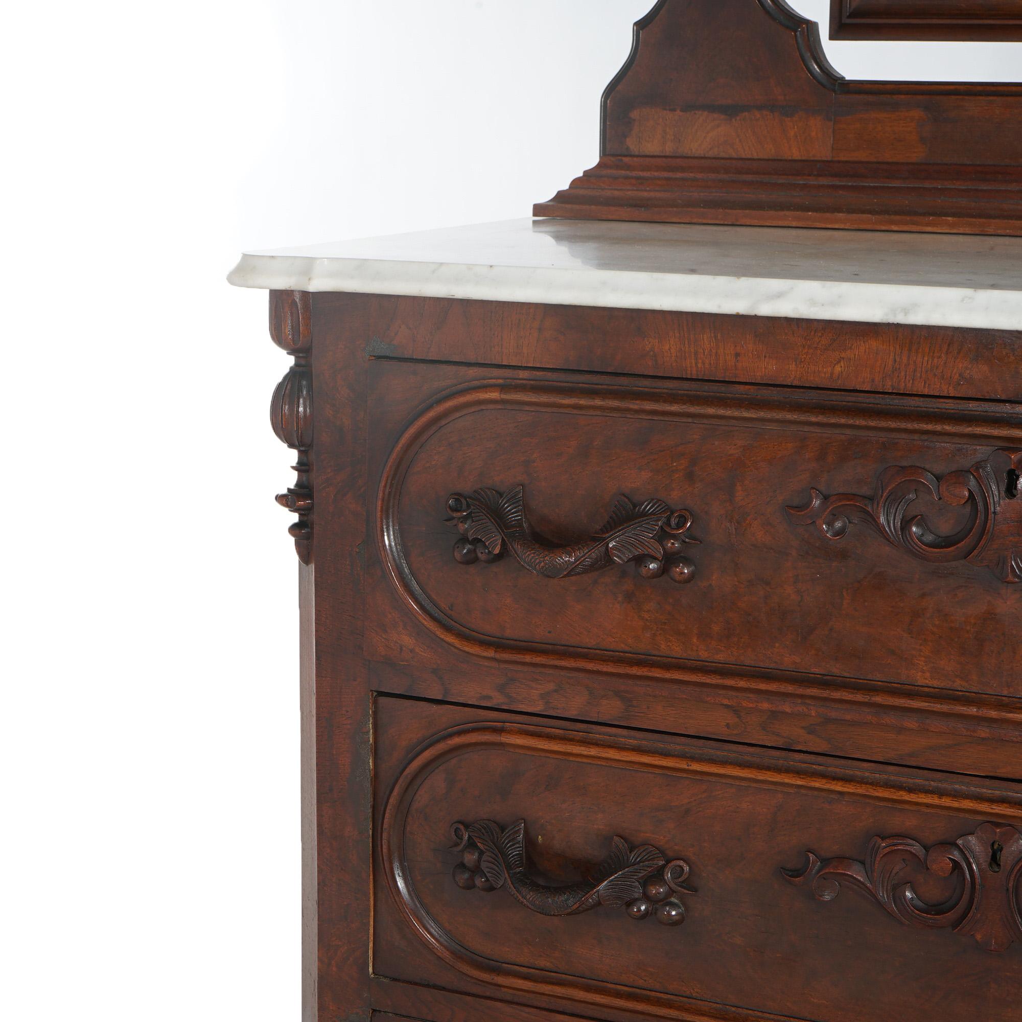 Antique Victorian Carved Walnut Marble Top Dresser with Mirror C1880 For Sale 5