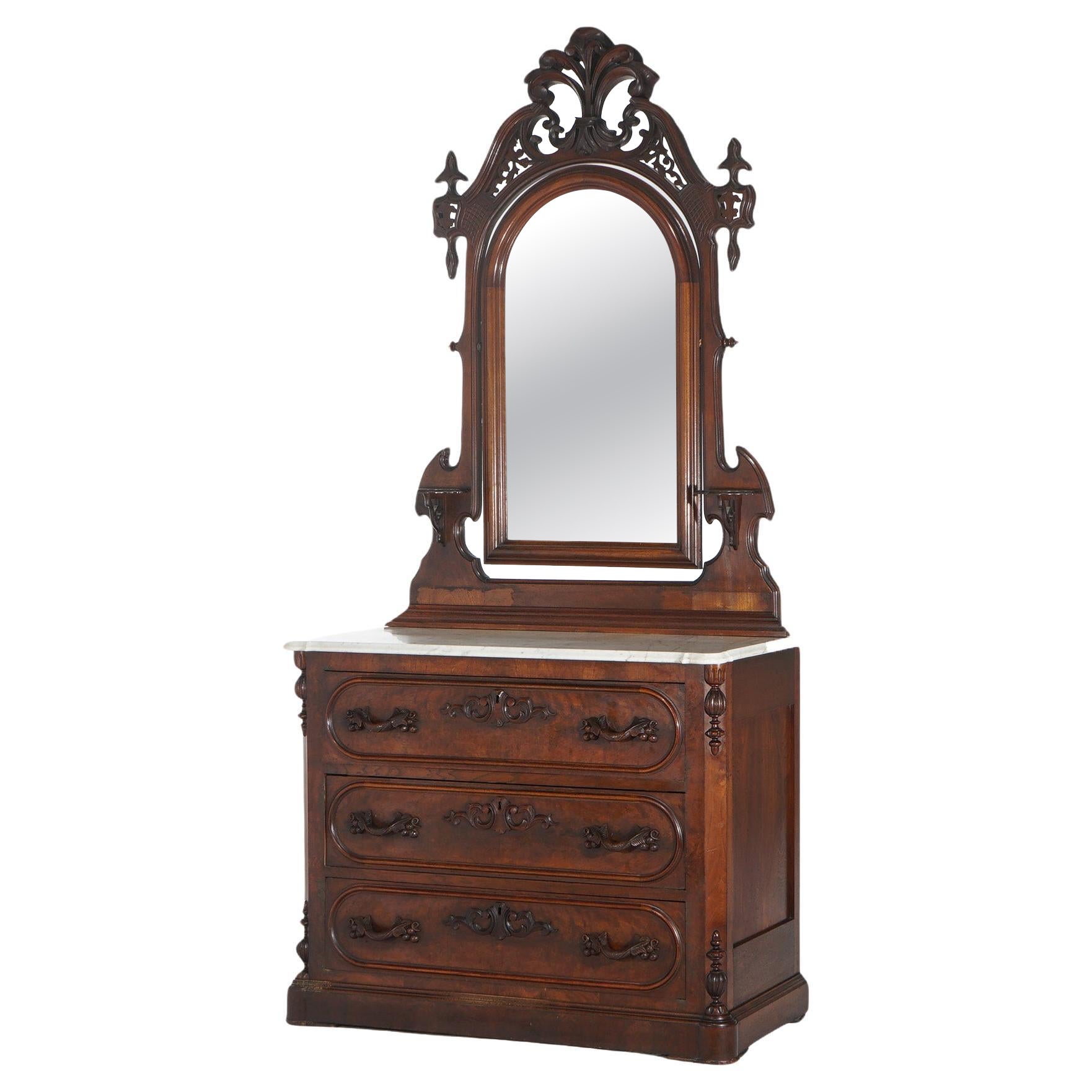 Antique Mirror vittoriano in noce intagliato con piano in marmo e specchio C1880