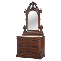 Antique Mirror vittoriano in noce intagliato con piano in marmo e specchio C1880