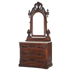Antique Victorienne Meuble en Noyer Sculpté avec Miroir C1880