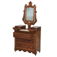 Antique Victorian Carved Walnut Marble Top Dresser with Mirror C1890