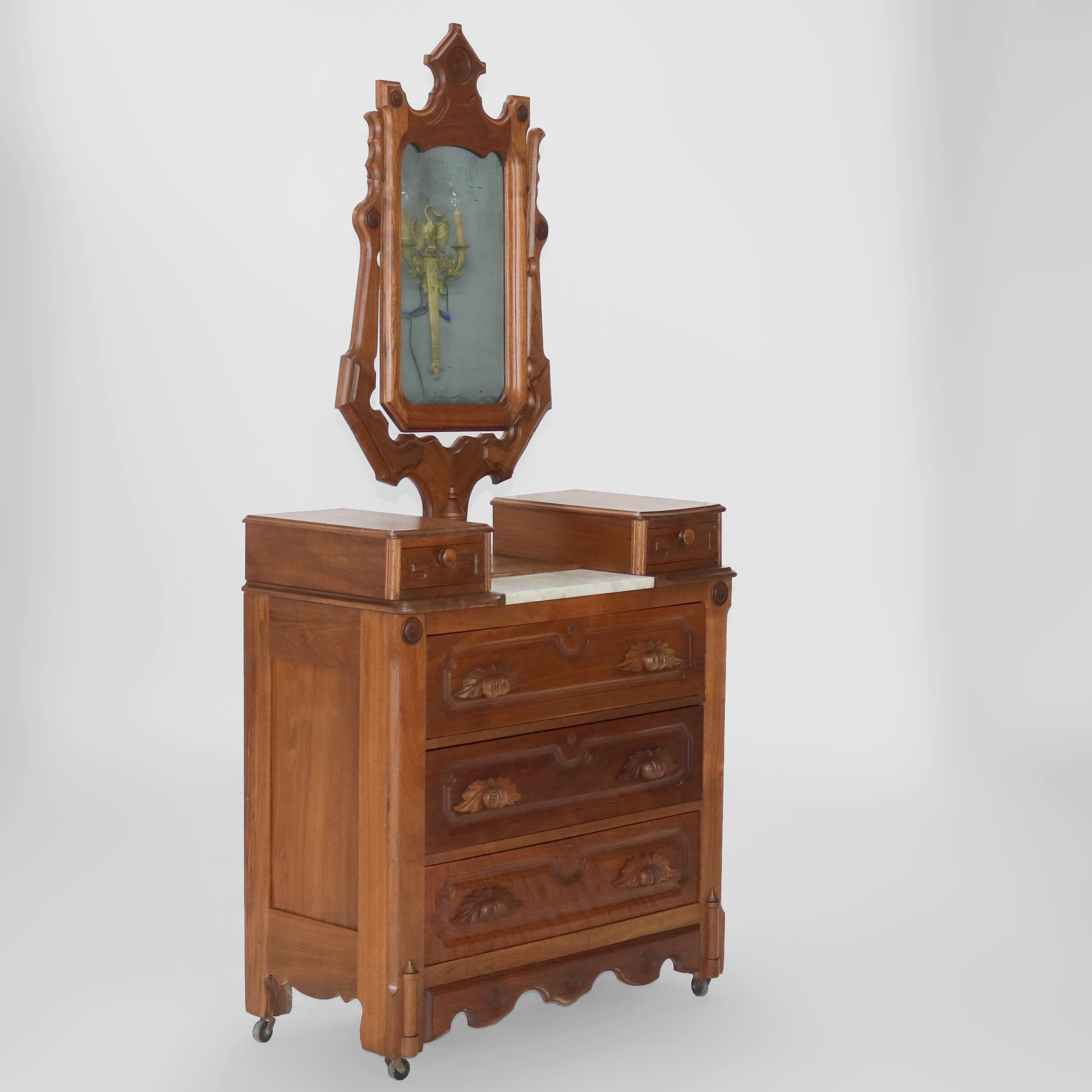 Antique Victorienne Meuble en Noyer Sculpté avec Miroir C1890 Bon état - En vente à Big Flats, NY