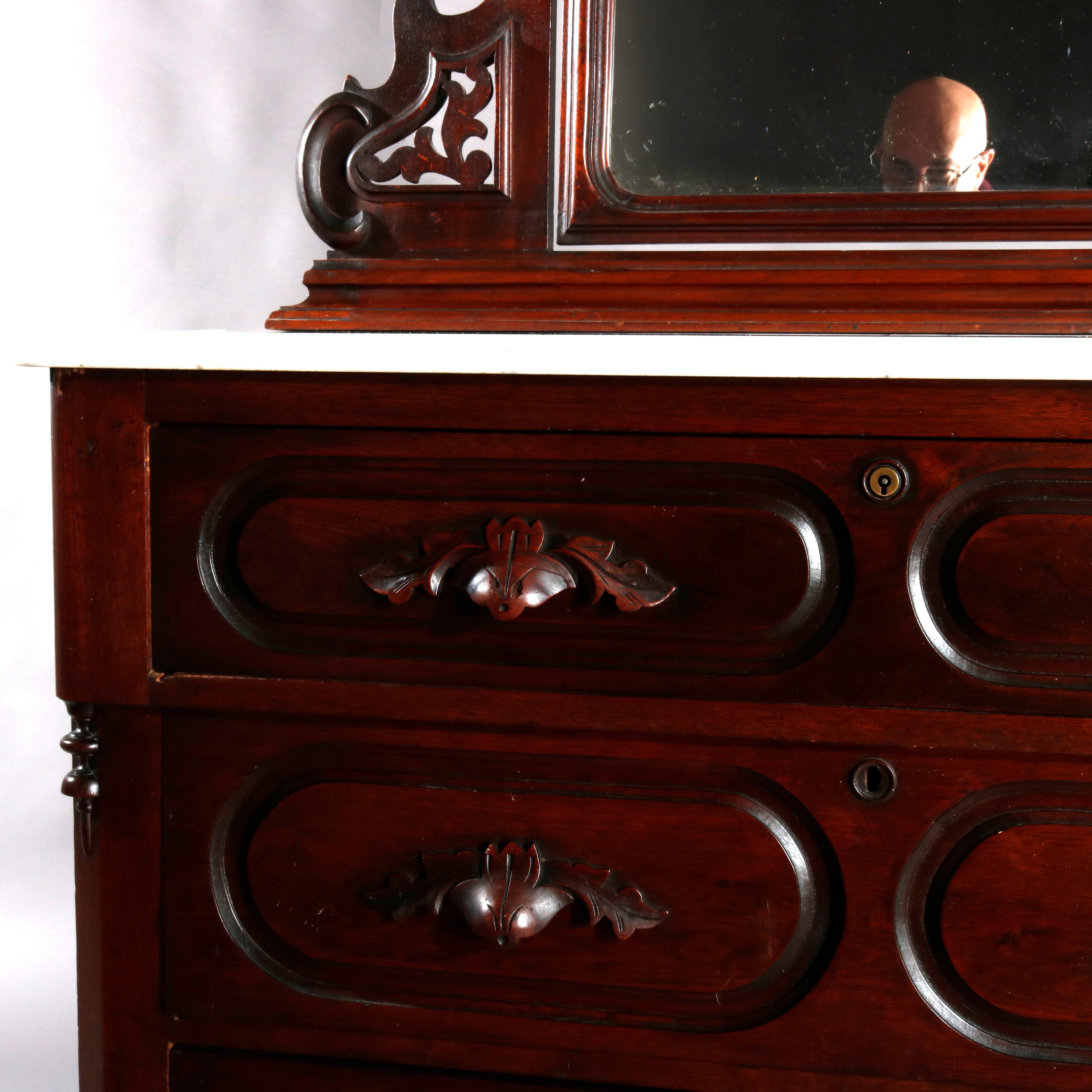 Antique Victorian Carved Walnut Marble-Top Dresser with Mirror, circa 1890 In Good Condition In Big Flats, NY