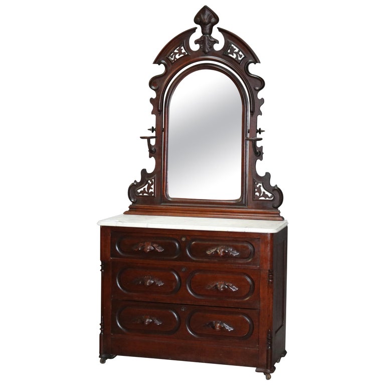 Antique Victorian Carved Walnut Marble, Antique Dresser Top Mirror With Drawer