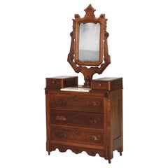 Antique Victorian Carved Walnut Marble Top Dresser with Mirror C1890