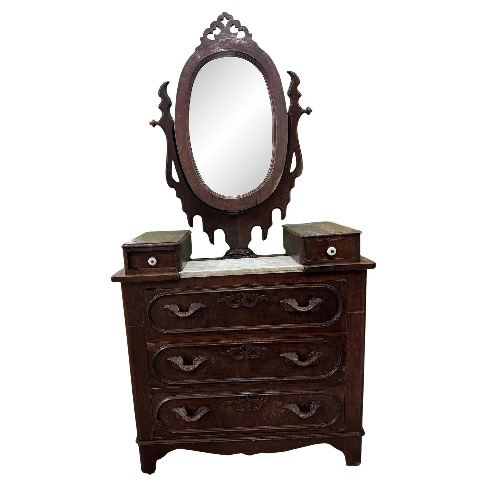 Antique Victorian Carved Walnut Marble-Top Dresser with Mirror, circa 1890
