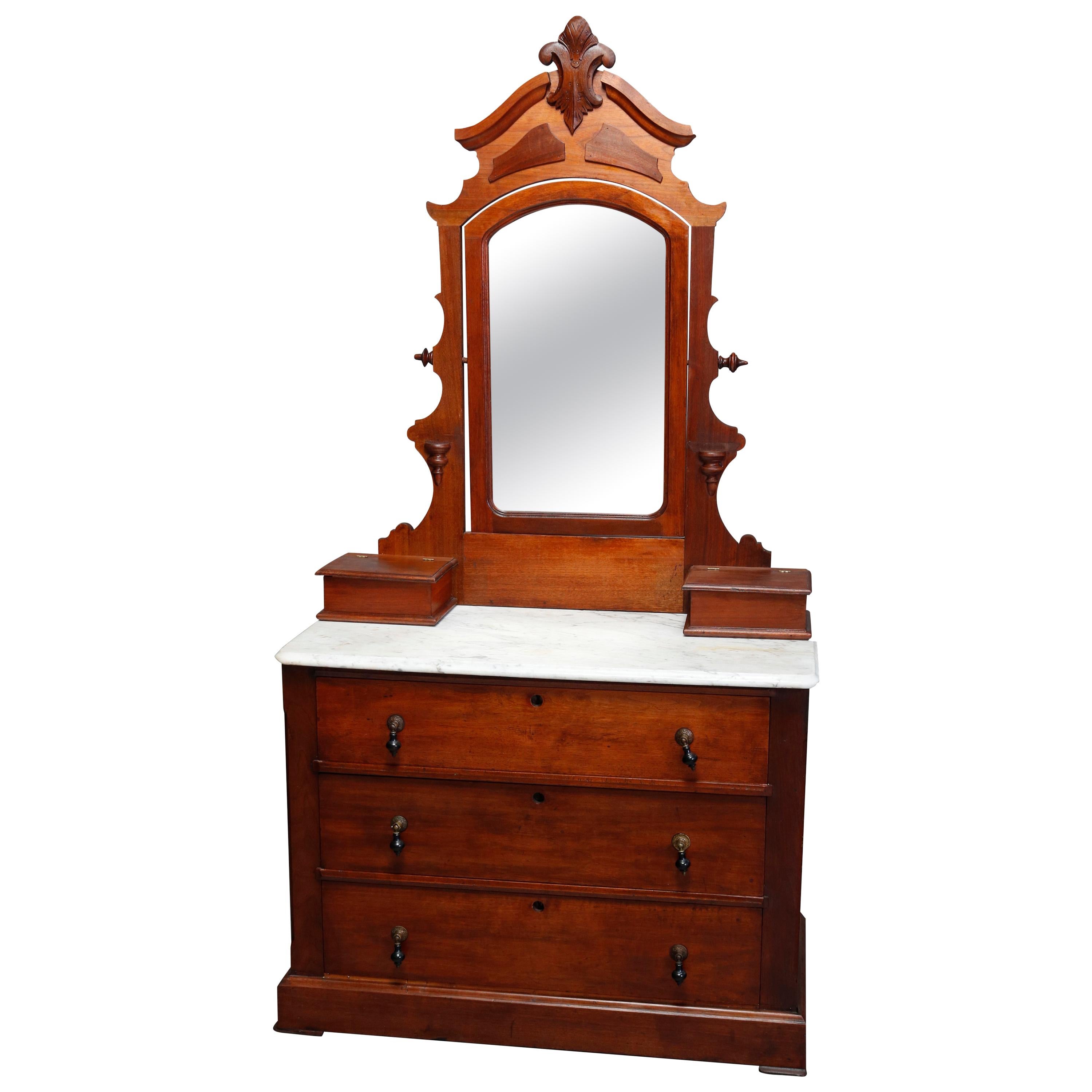 Antique Victorian Carved Walnut Marble-Top Mirrored Dresser, circa 1890