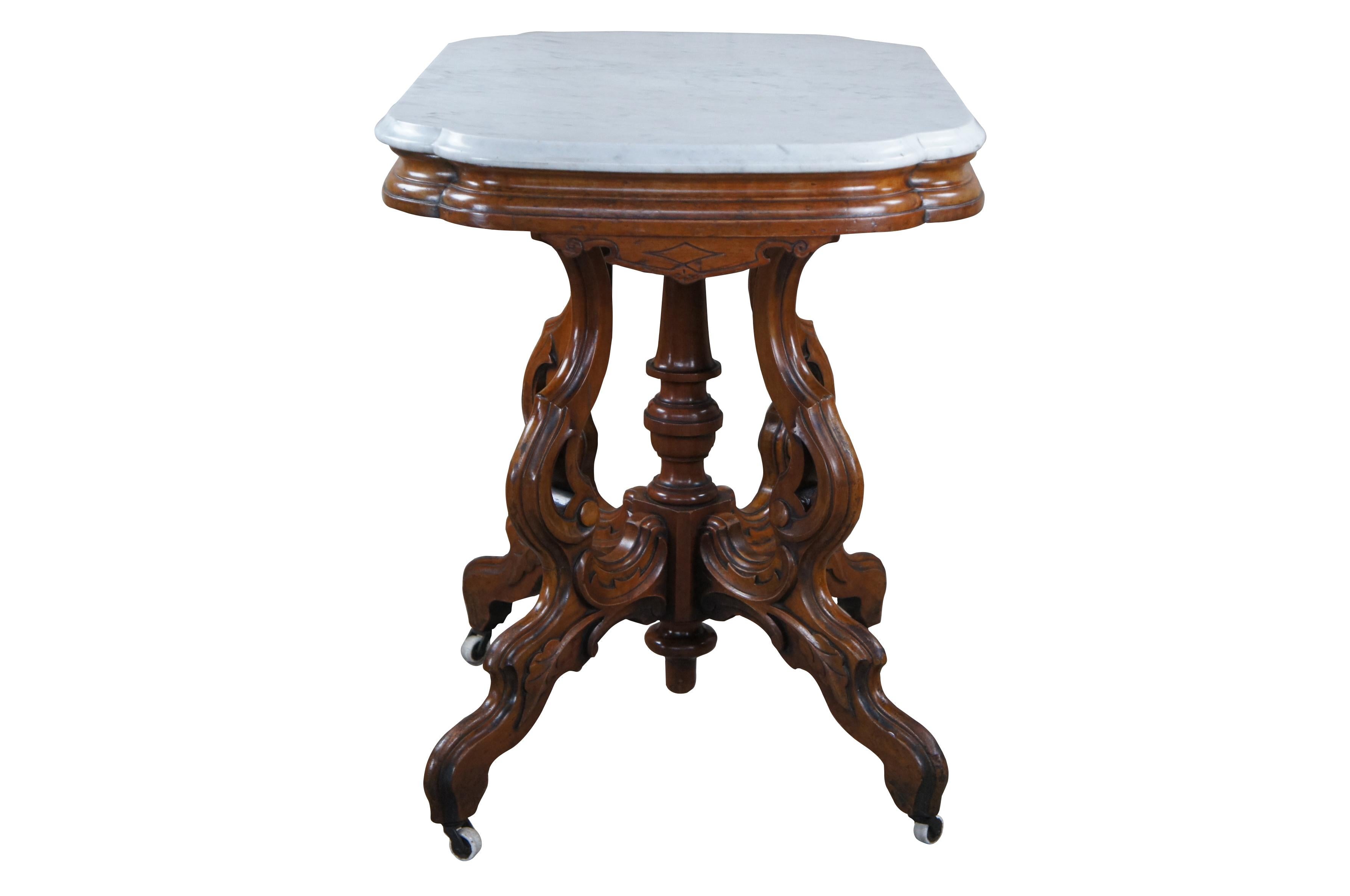 Eastlake Antique Victorian Carved Walnut Marble Top Parlor Center Accent Side Table 33