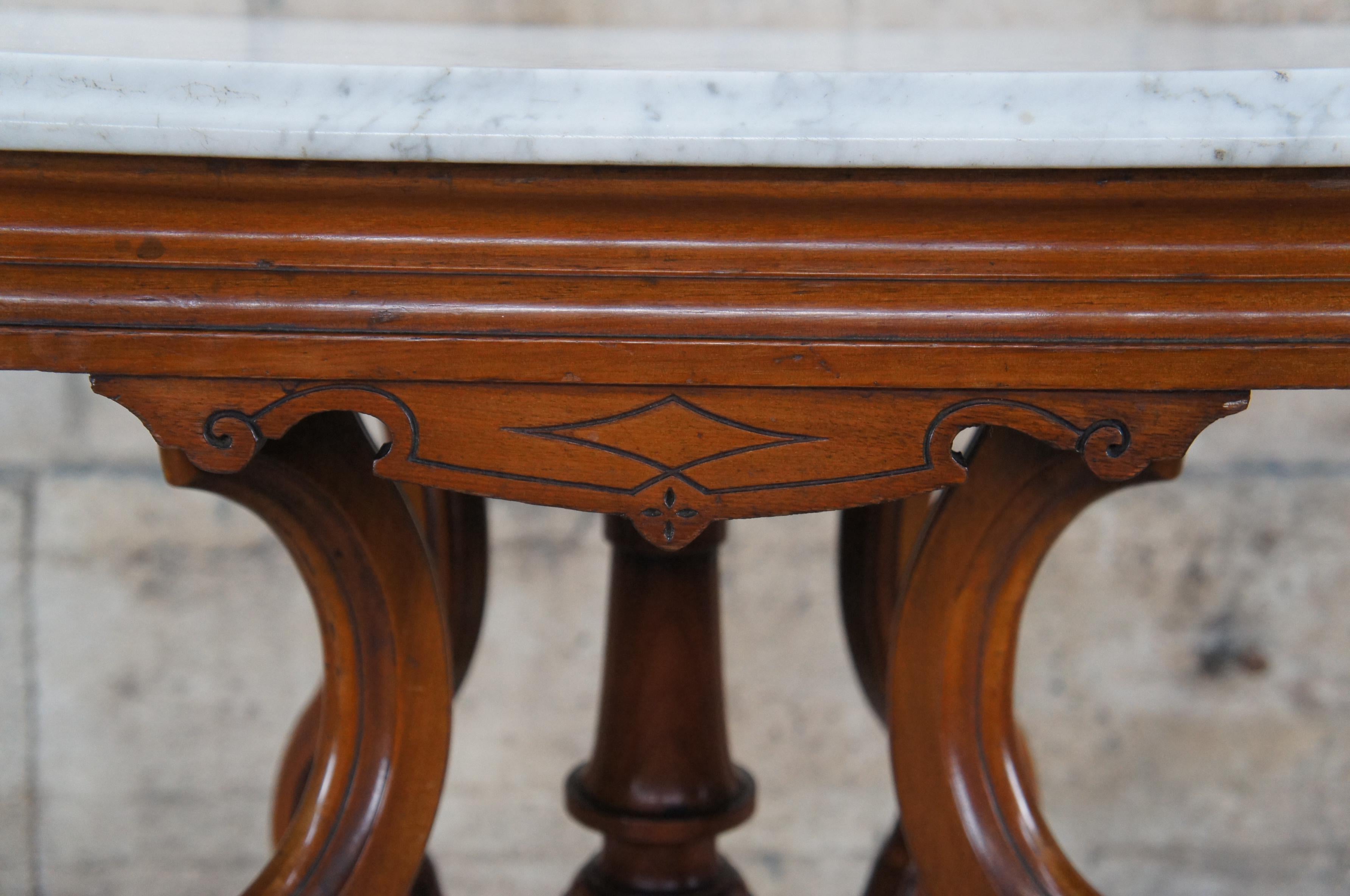 Late 19th Century Antique Victorian Carved Walnut Marble Top Parlor Center Accent Side Table 33
