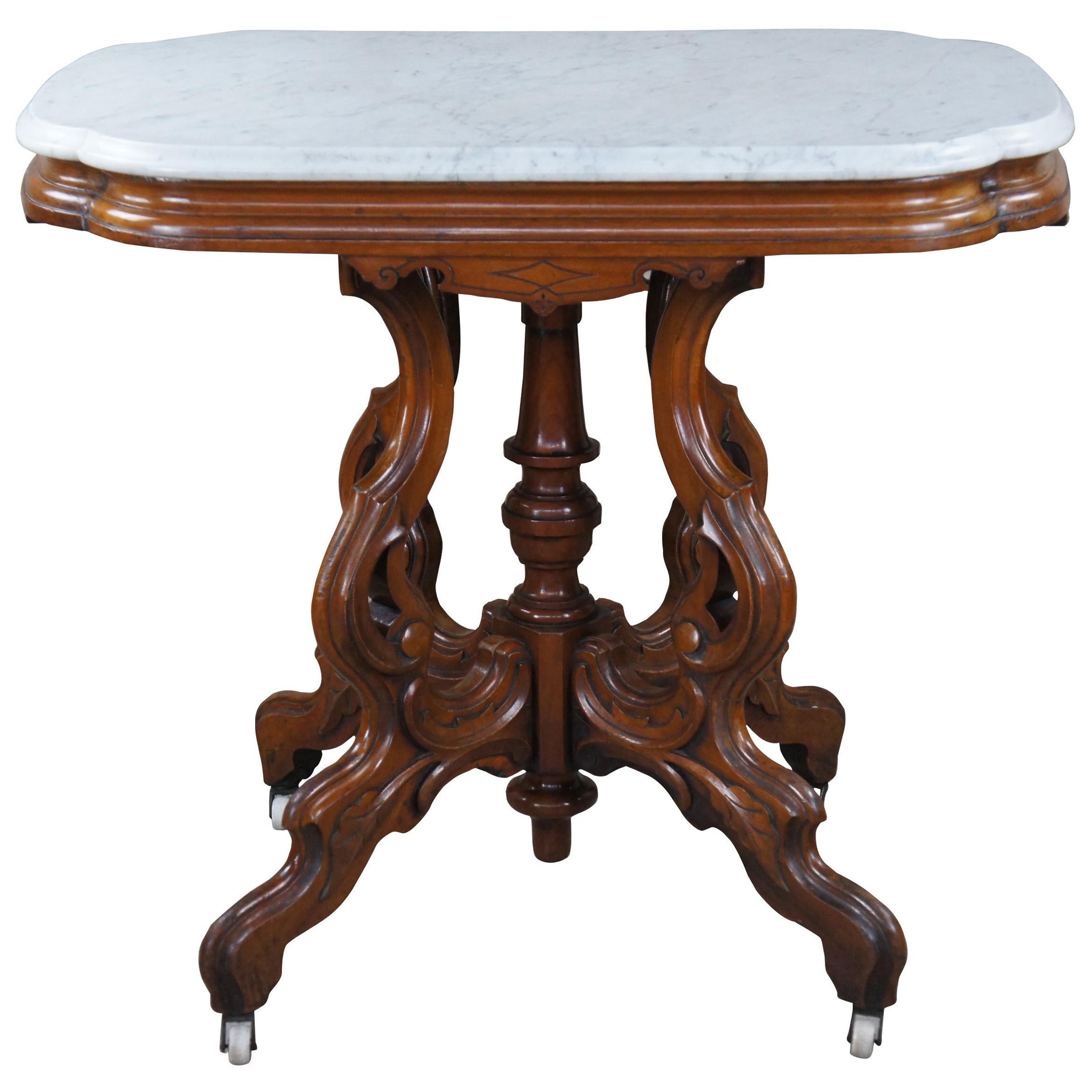 Antique Victorian Carved Walnut Marble Top Parlor Center Accent Side Table 33"