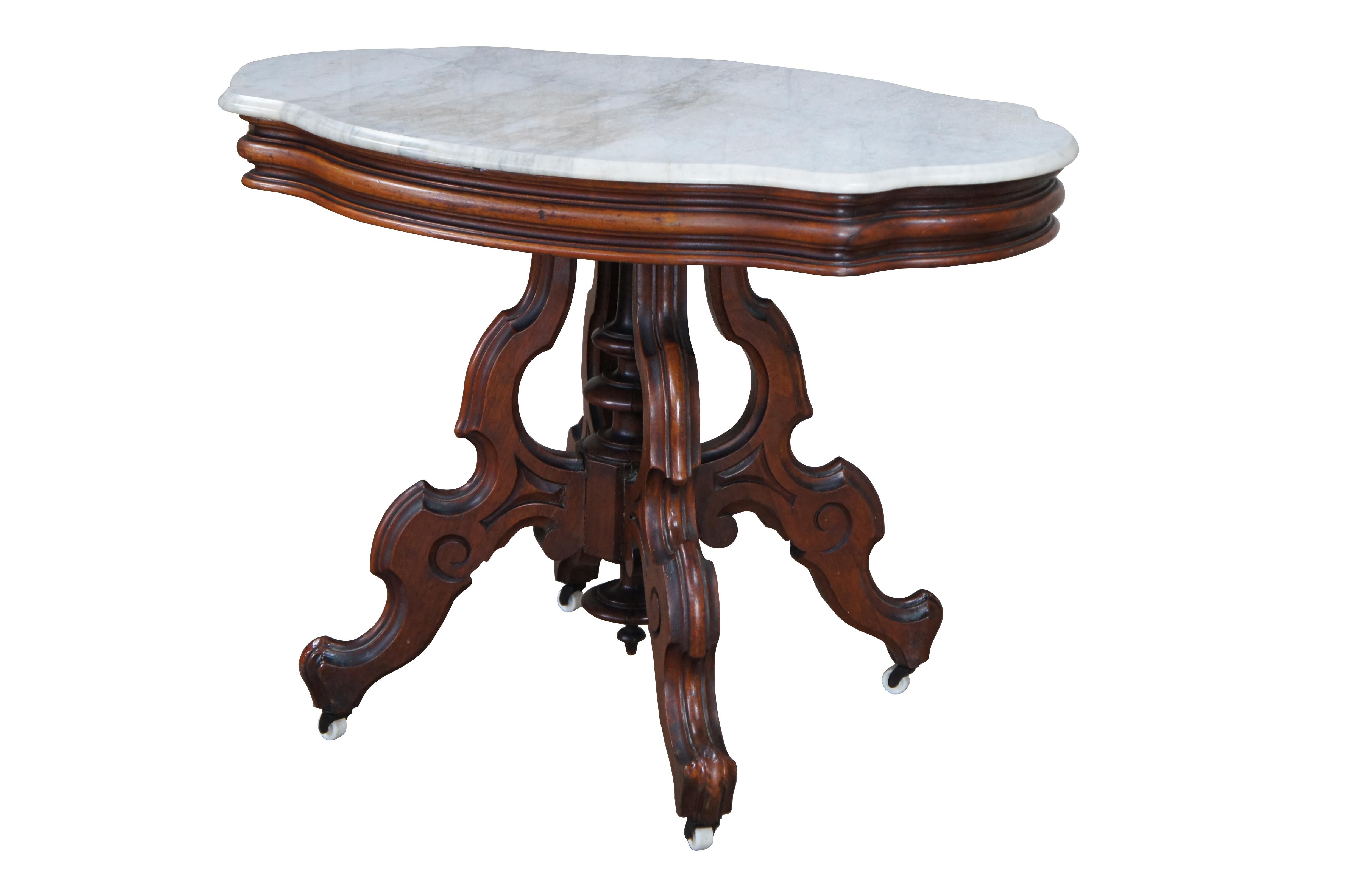 Antique Victorian Carved Walnut Marble Top Parlor Center Accent Table  In Good Condition For Sale In Dayton, OH
