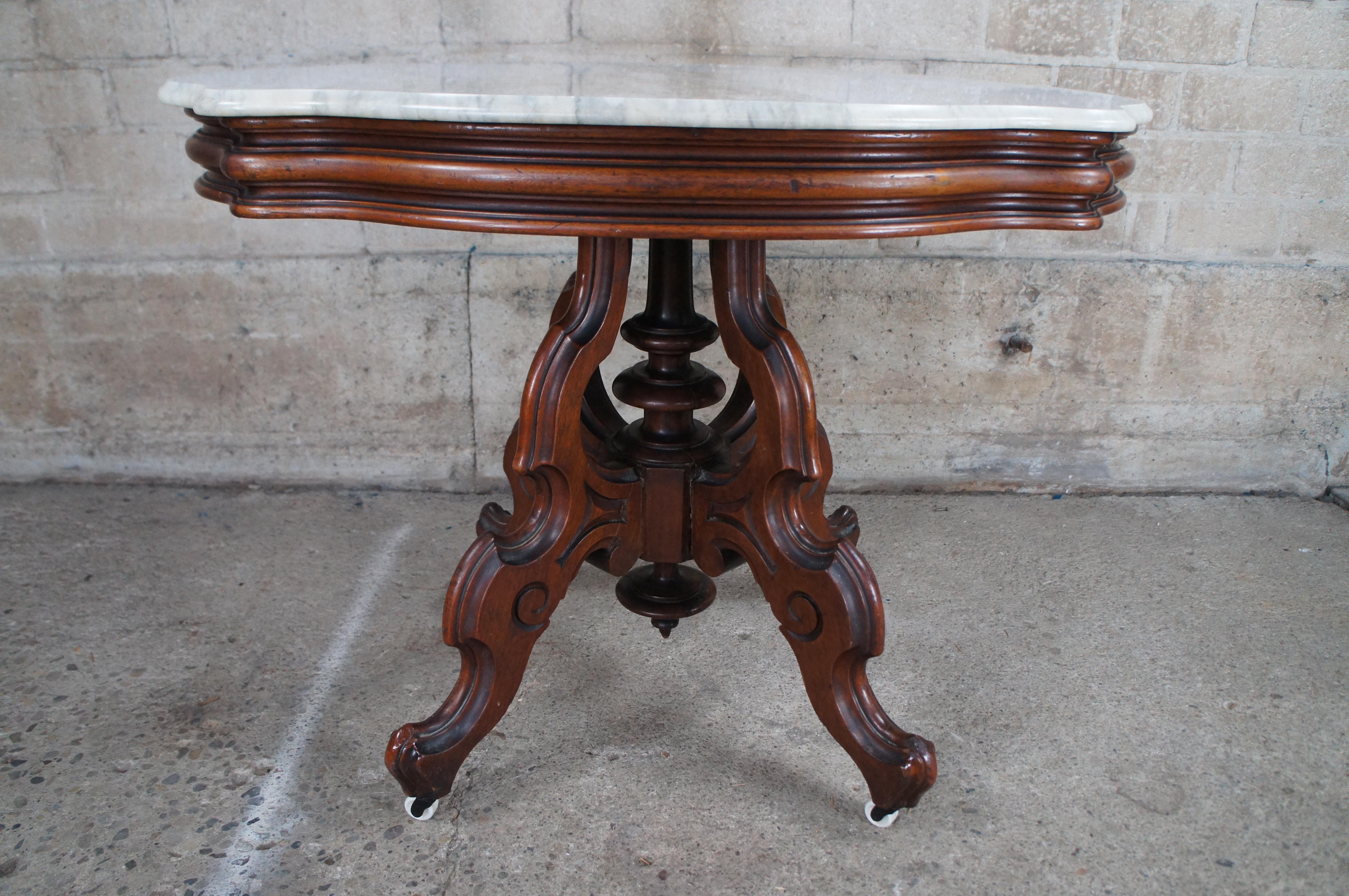 Antique Victorian Carved Walnut Marble Top Parlor Center Accent Table  For Sale 1