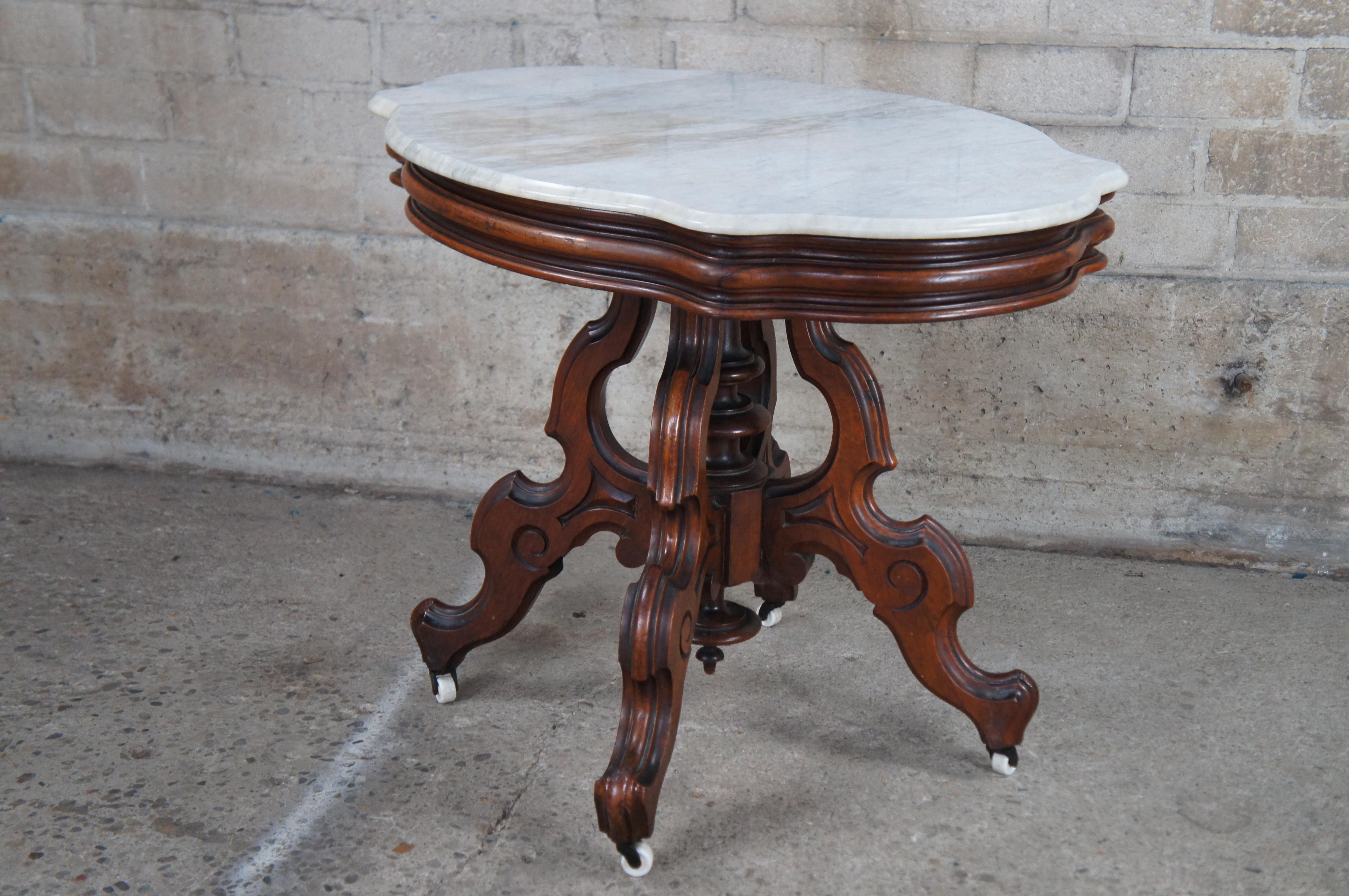 Antique Victorian Carved Walnut Marble Top Parlor Center Accent Table  For Sale 4