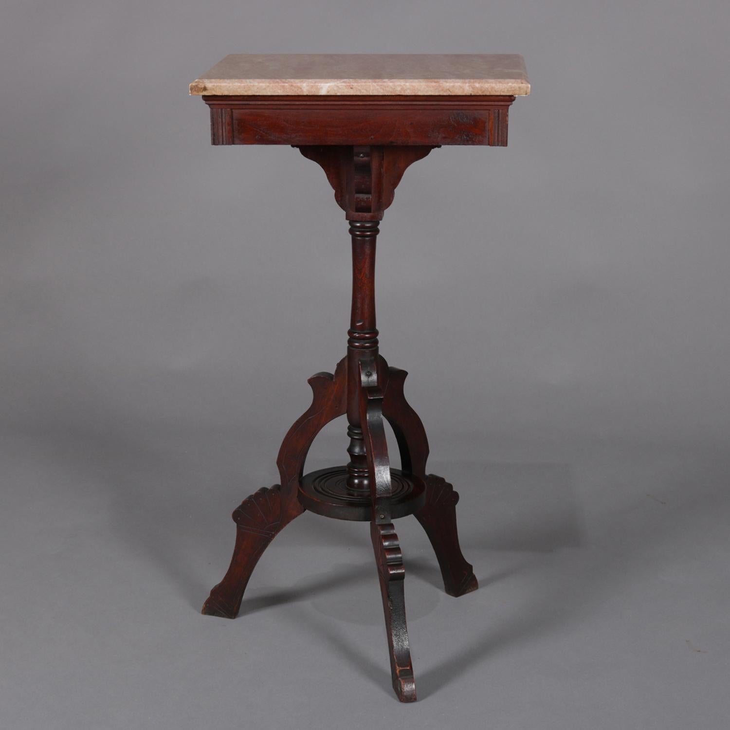 Eastlake Antique Victorian Carved Walnut Marble-Top Plant Display Stand, 19th Century