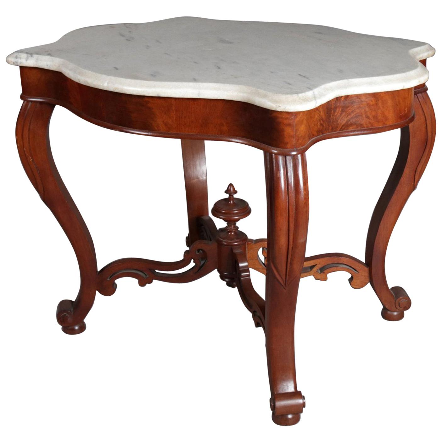 Antique Victorian Carved Walnut & Marble Turtle Back Parlor Table, 19th Century