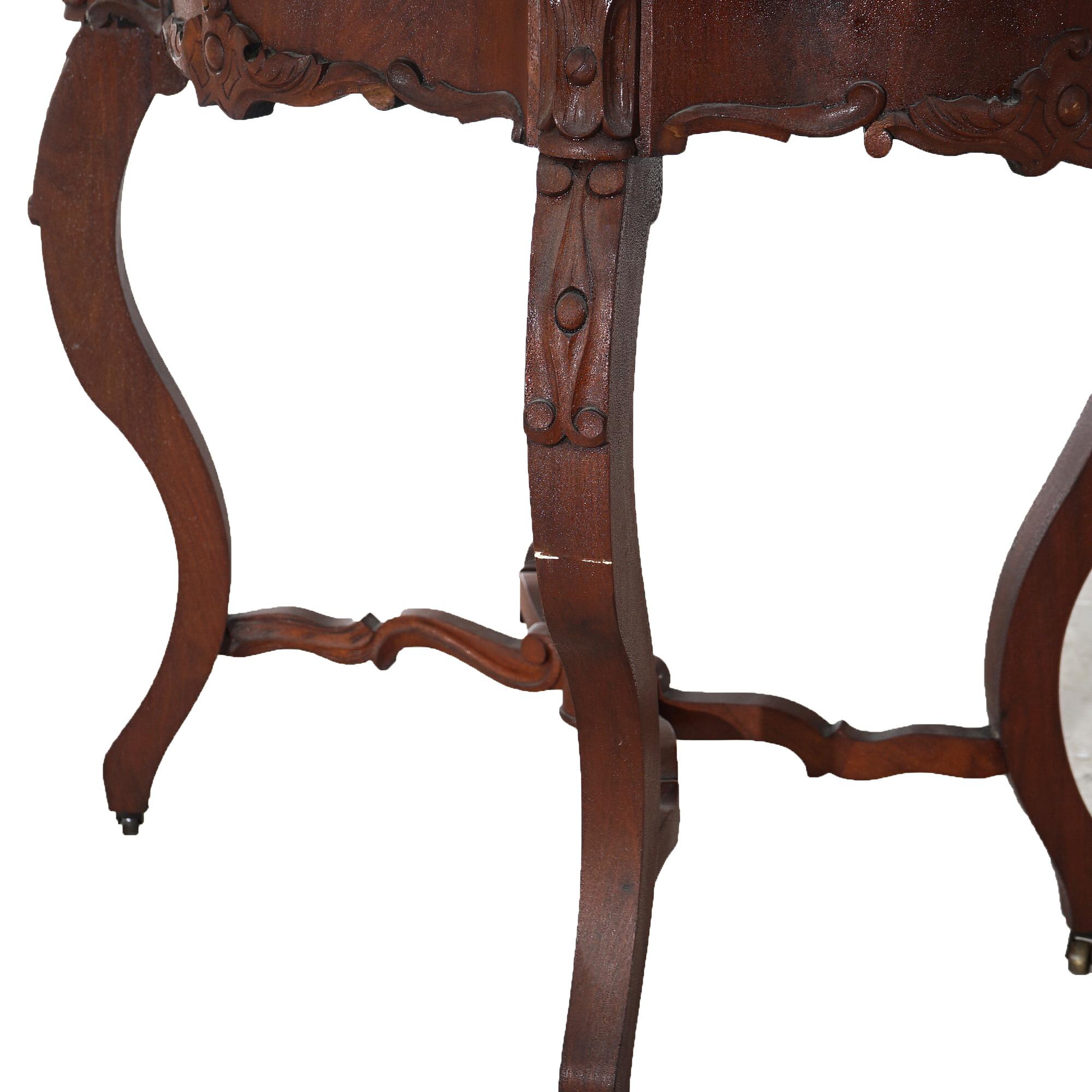 Antiker viktorianischer Parlor-Tisch aus geschnitztem Nussbaum und Marmor mit Schildkrötenplatte, um 1890 im Angebot 4