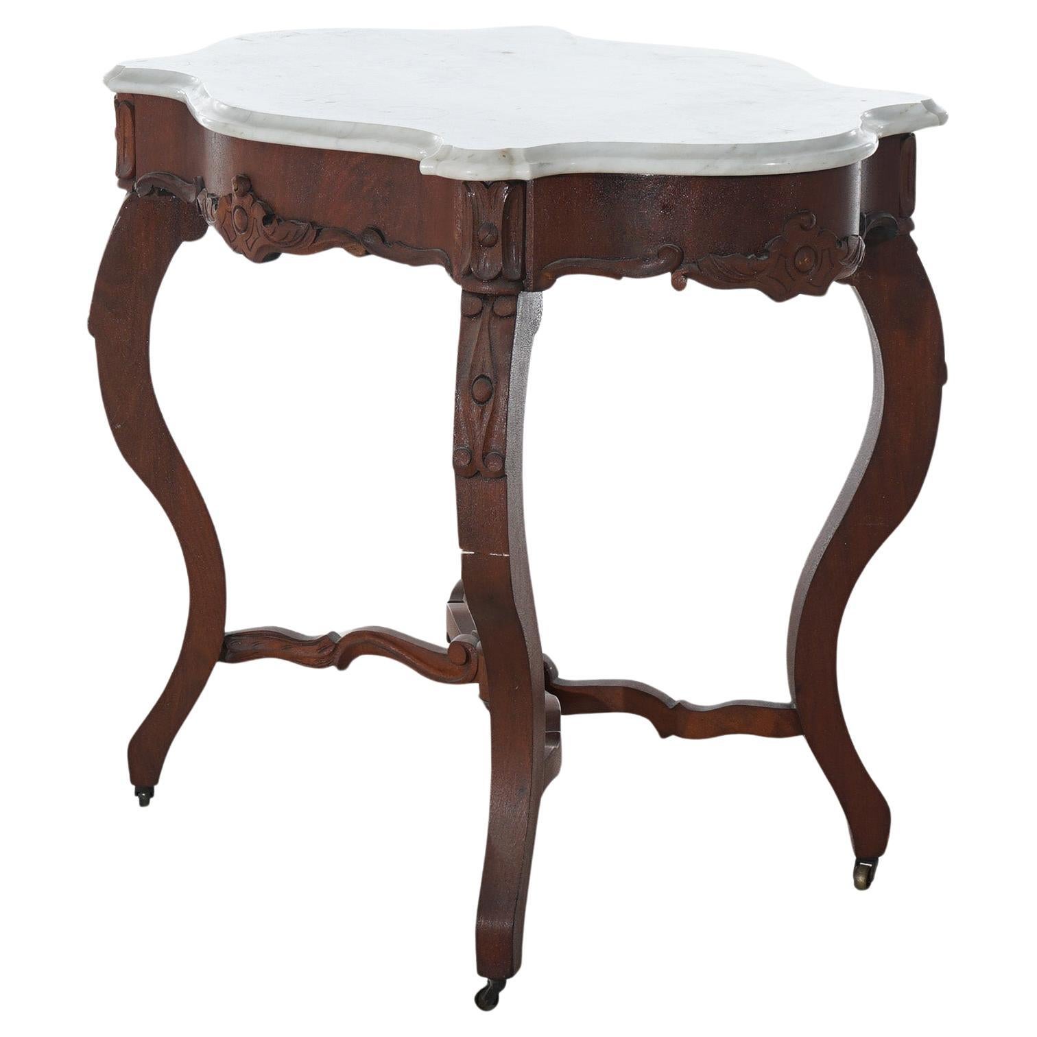 Antiker viktorianischer Parlor-Tisch aus geschnitztem Nussbaum und Marmor mit Schildkrötenplatte, um 1890