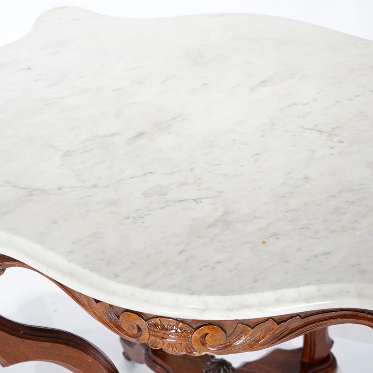 Antique Victorian Carved Walnut and Marble Turtle Top Parlor Table