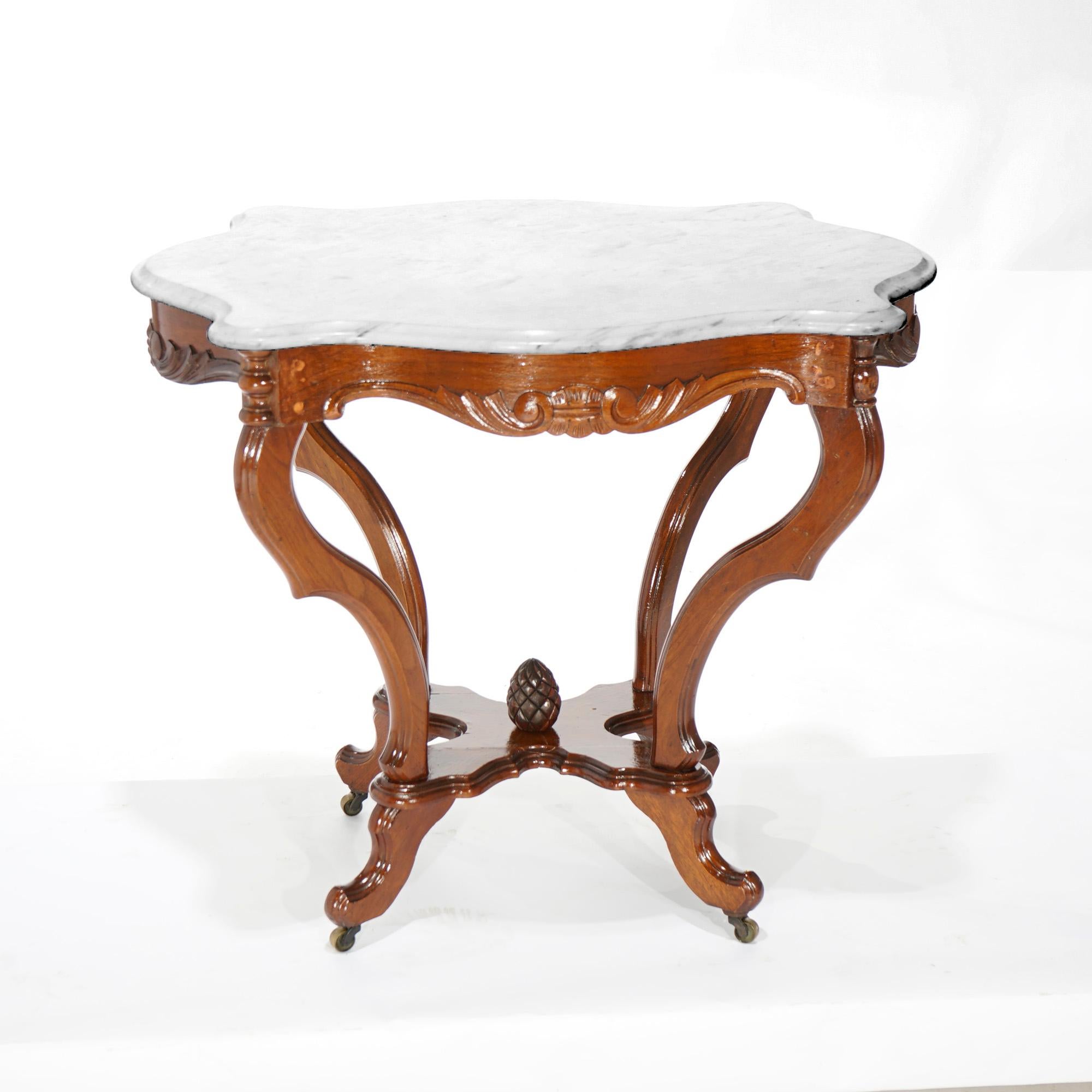 American Antique Victorian Carved Walnut & Marble Turtle Top Parlor Table Circa 1890