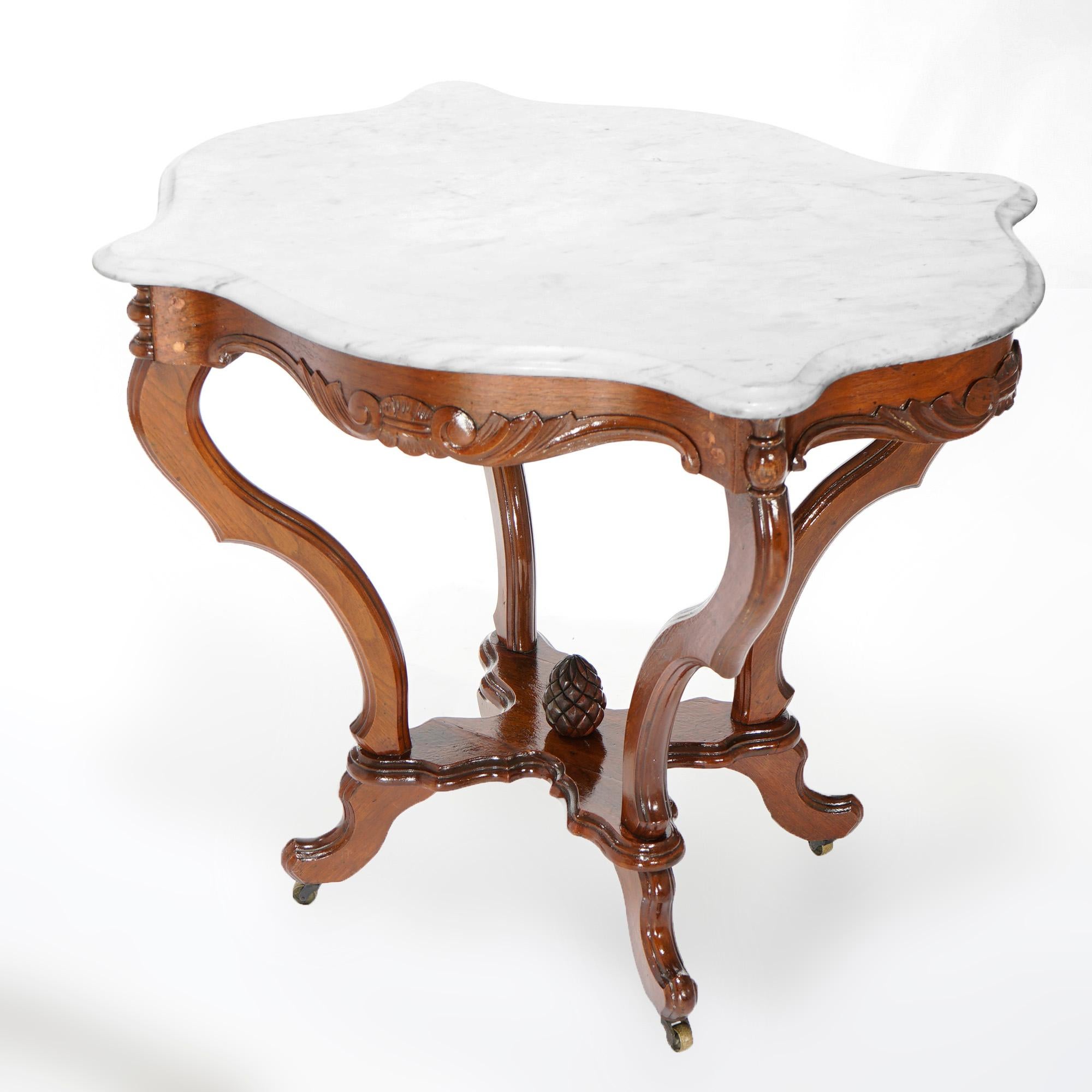 Antique Victorian Carved Walnut & Marble Turtle Top Parlor Table Circa 1890 In Good Condition In Big Flats, NY