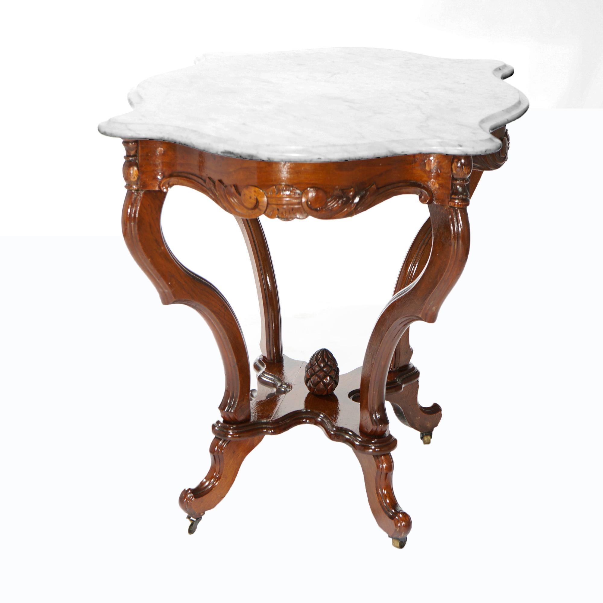 19th Century Antique Victorian Carved Walnut & Marble Turtle Top Parlor Table Circa 1890