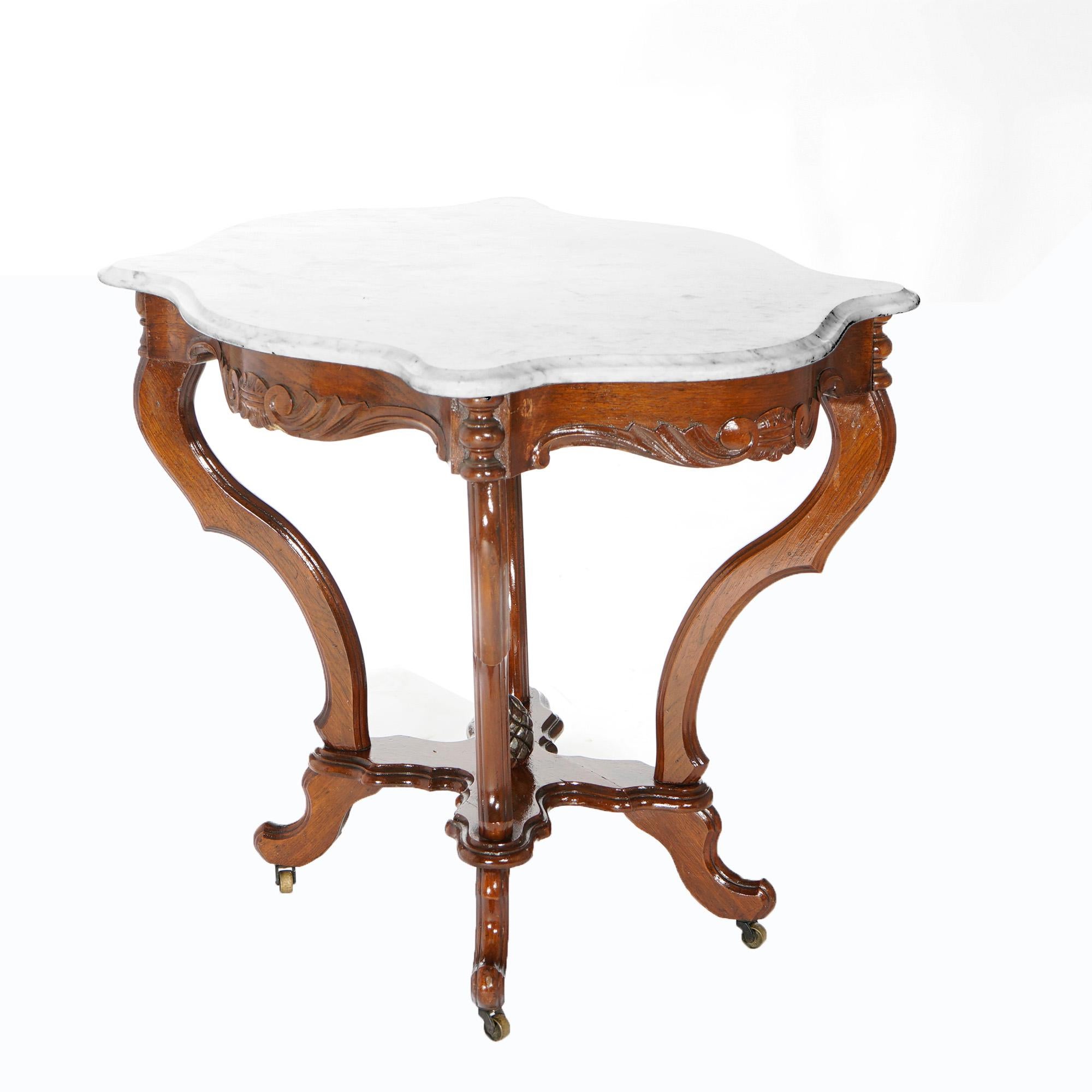 Antique Victorian Carved Walnut & Marble Turtle Top Parlor Table Circa 1890 1