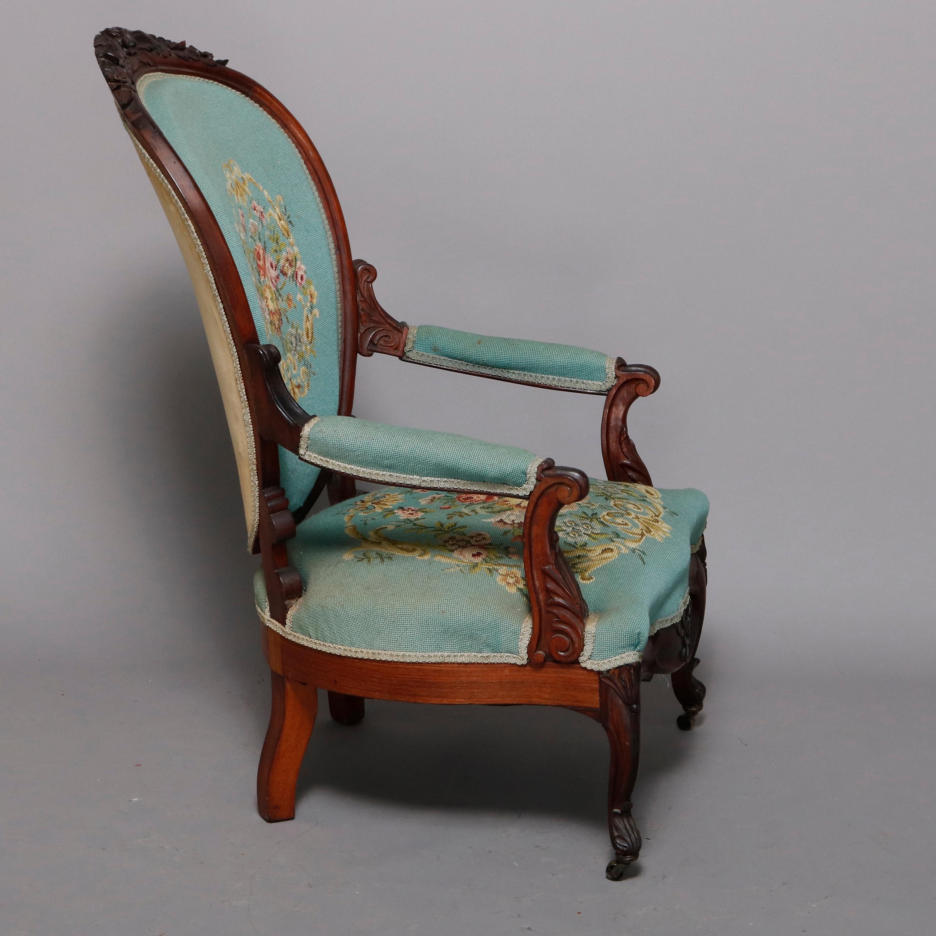 American Antique Victorian Carved Walnut and Needlepoint Parlor Armchair, circa 1880