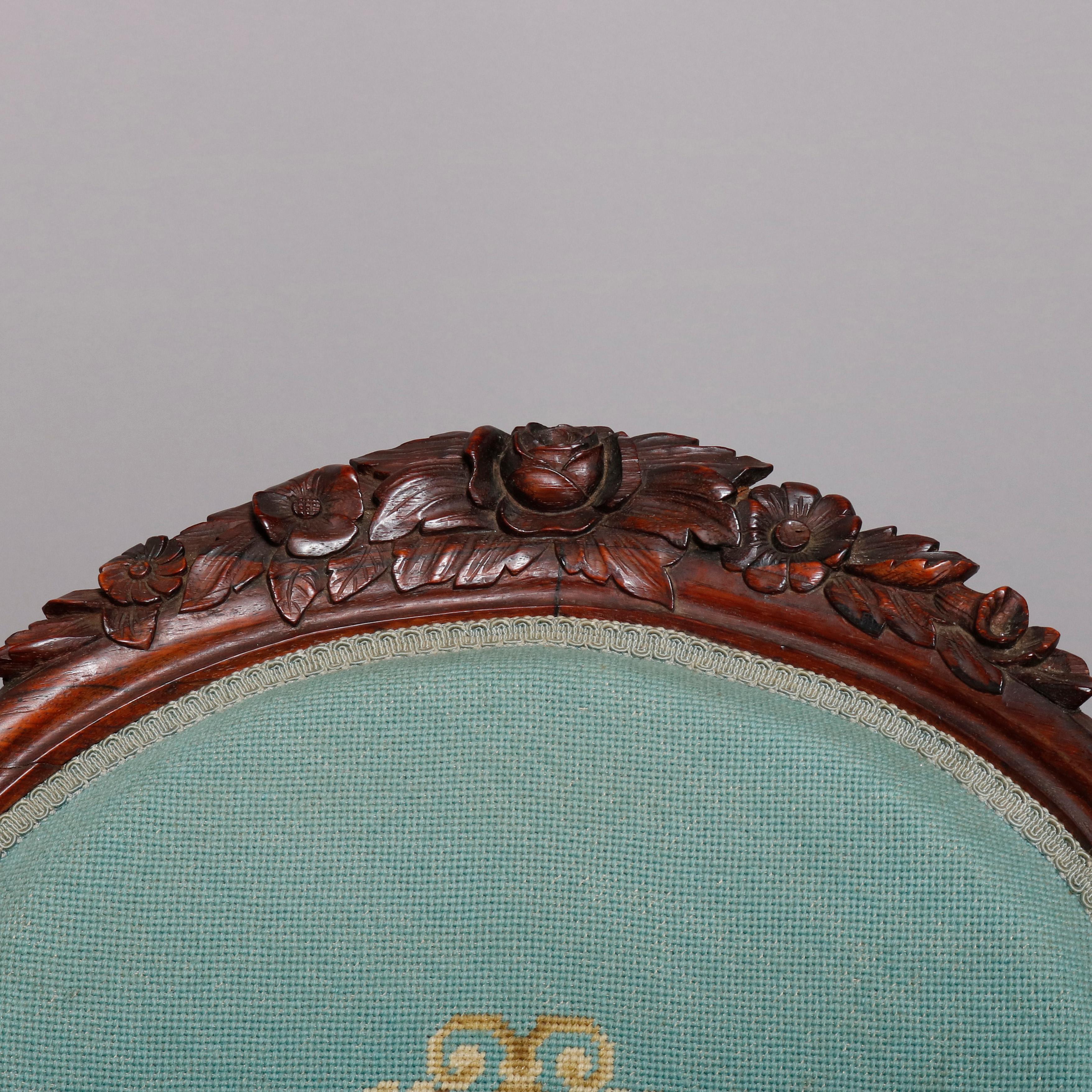 19th Century Antique Victorian Carved Walnut and Needlepoint Parlor Armchair, circa 1880