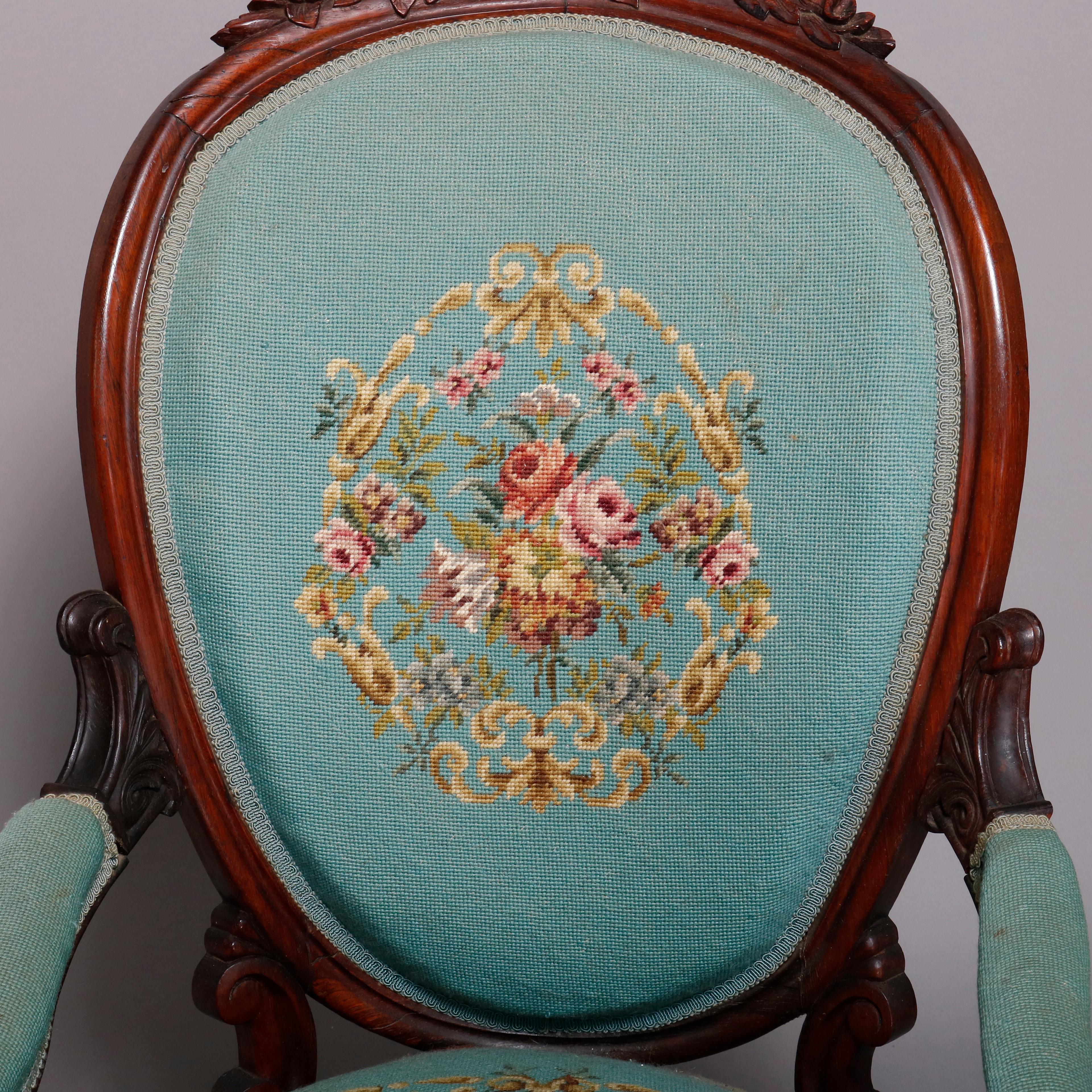 Upholstery Antique Victorian Carved Walnut and Needlepoint Parlor Armchair, circa 1880