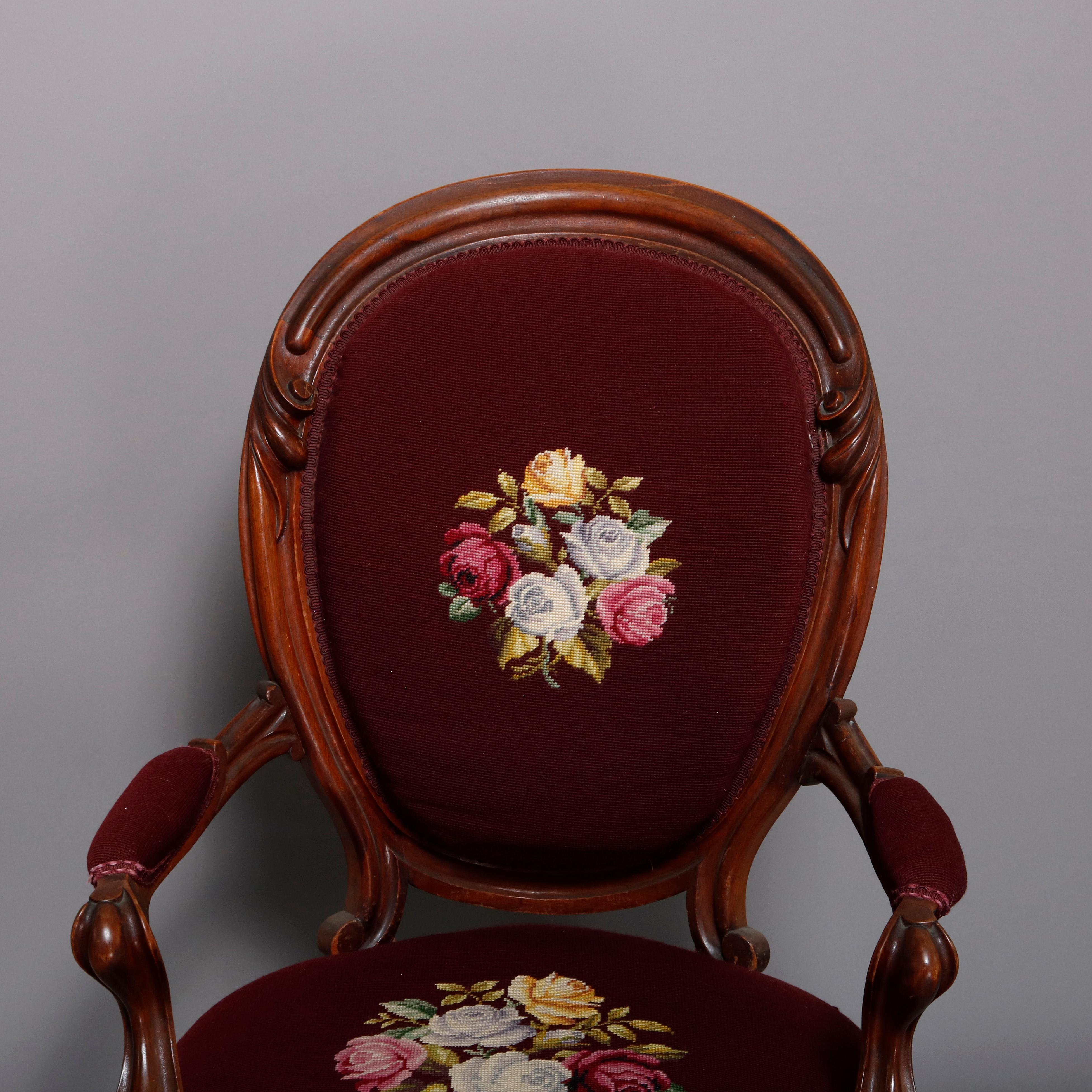 19th Century Antique Victorian Carved Walnut and Needlepoint Parlor Armchair, circa 1890